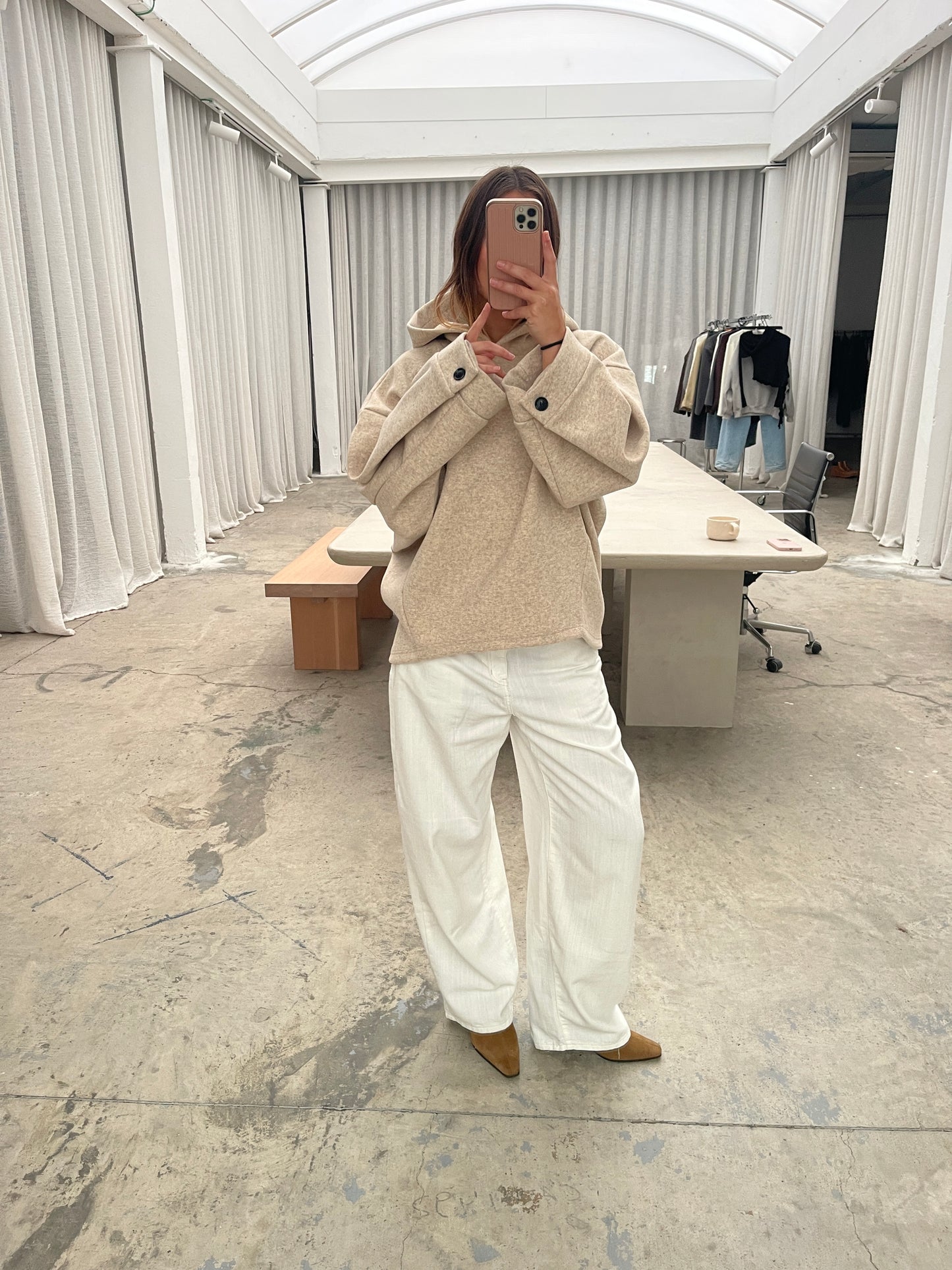 Oversized Button Detail Hoodie Oatmeal