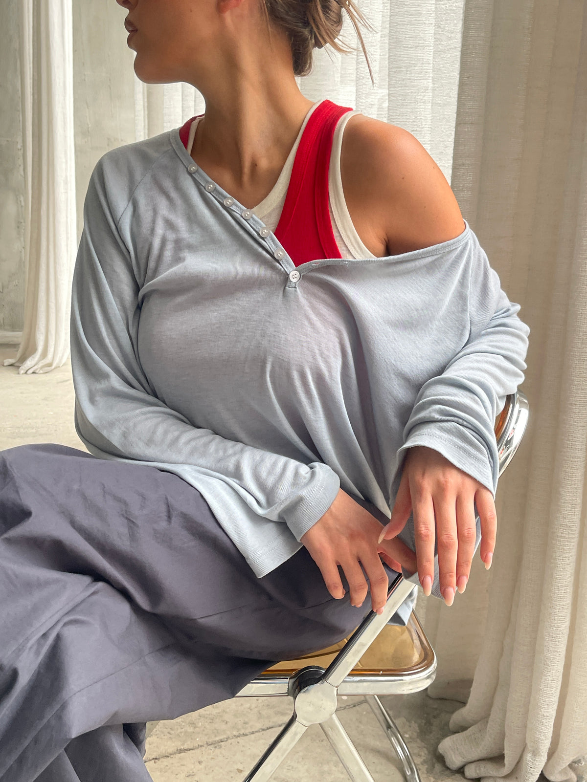 Loose Buttoned V-Neck Top Sky Blue