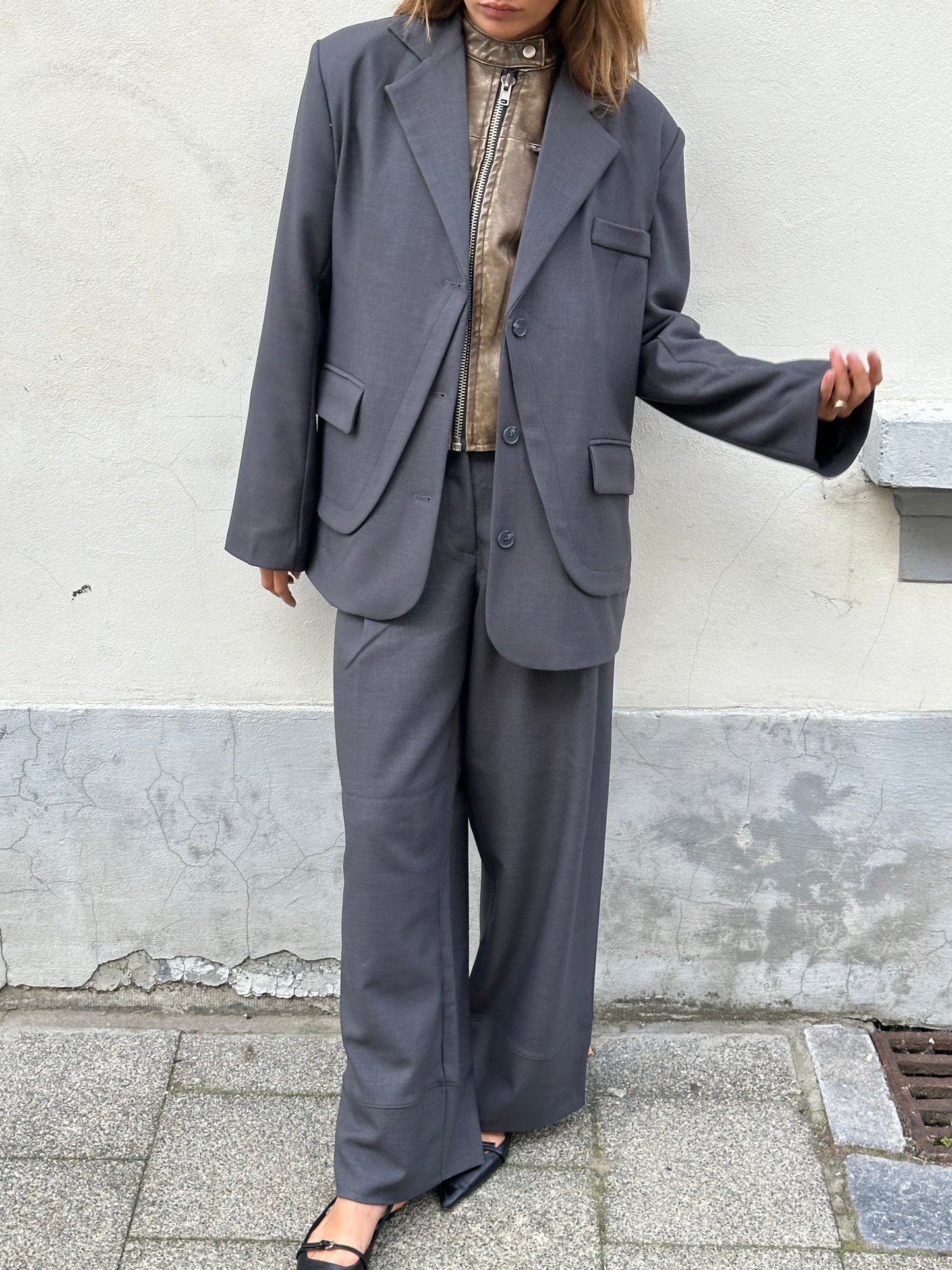 High Waisted Classic Front Pleated Pants Dark Grey