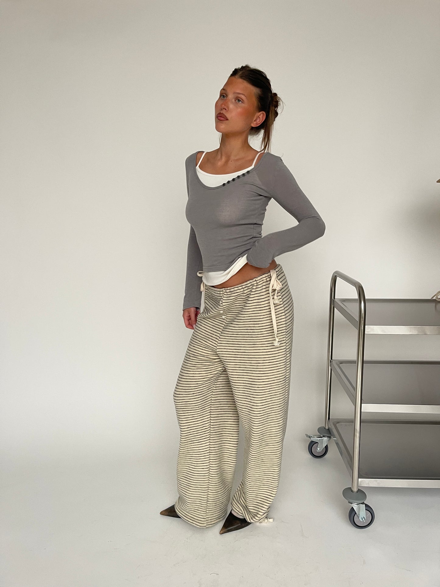 Soft Striped Drawstring Lounge Pants Ivory