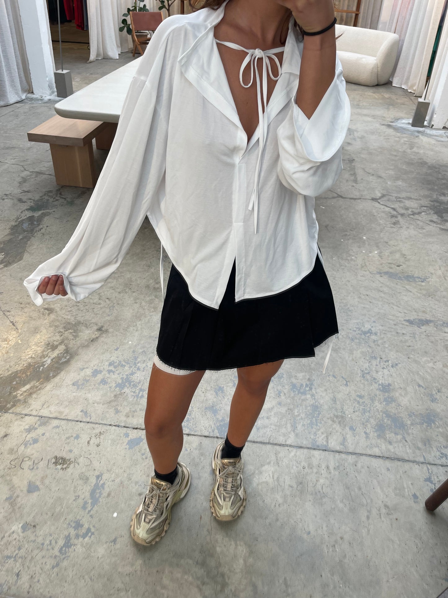 Strings Detail Open Collar Top White