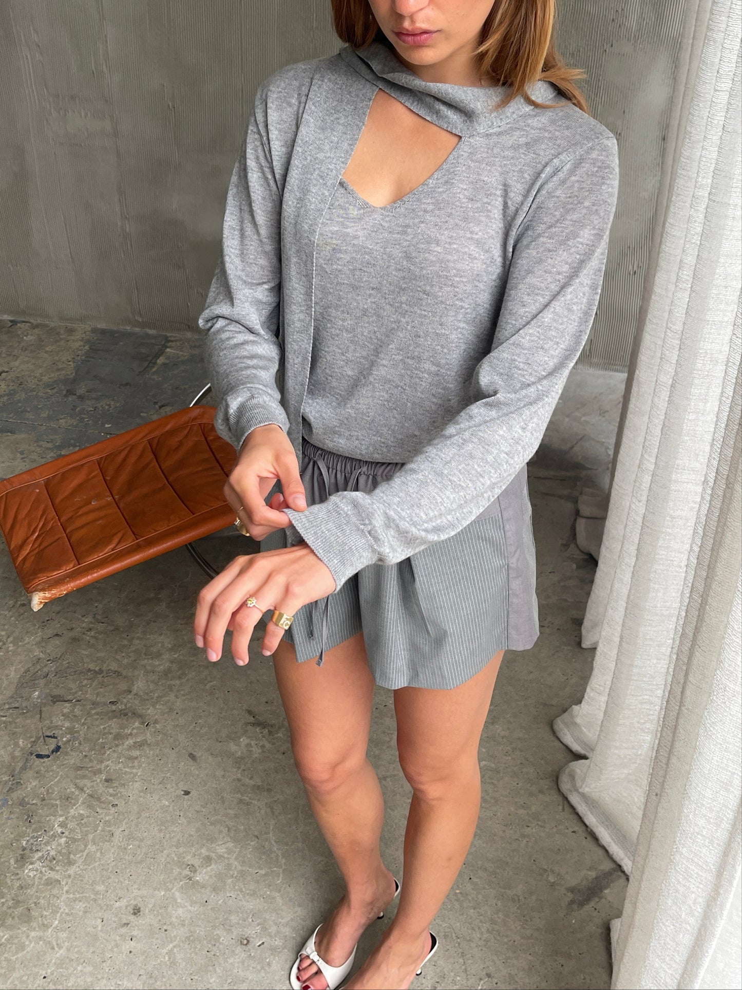 Scarf Detail Knitted Top Grey