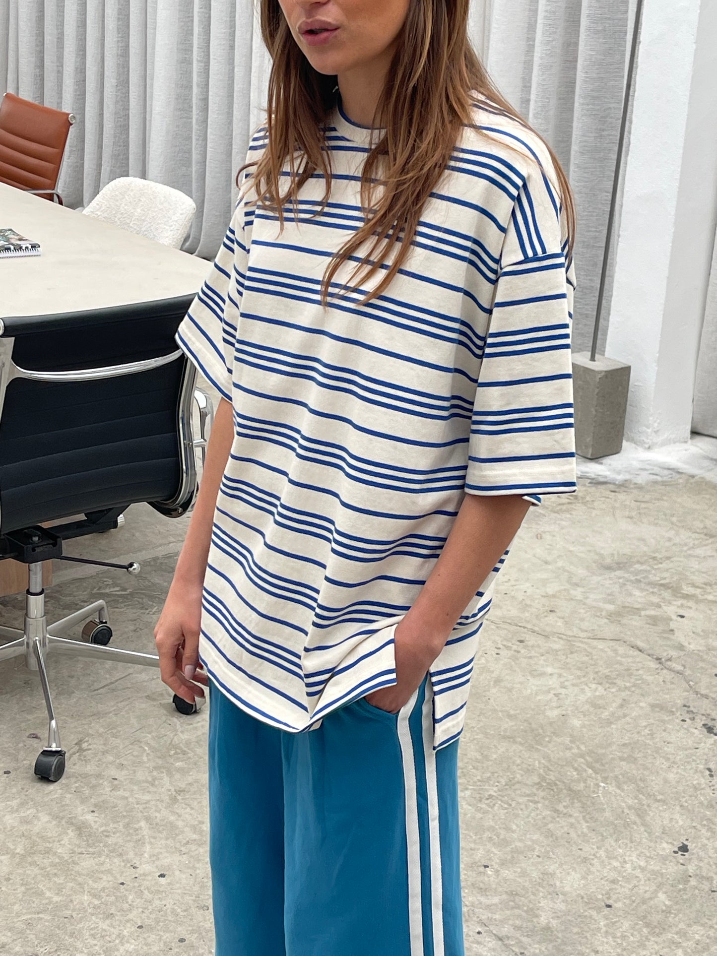 Oversized Striped Round Neck Tee Ivory