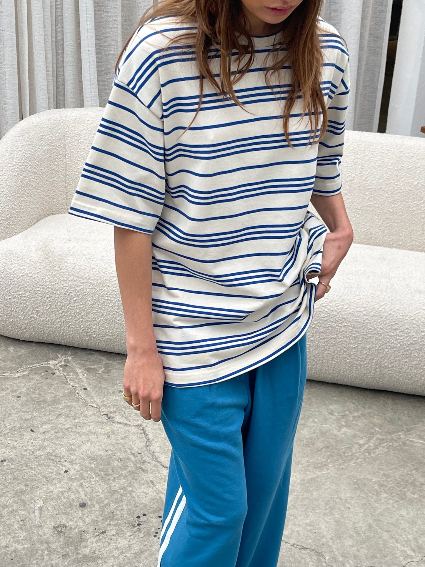 Oversized Striped Round Neck Tee Ivory