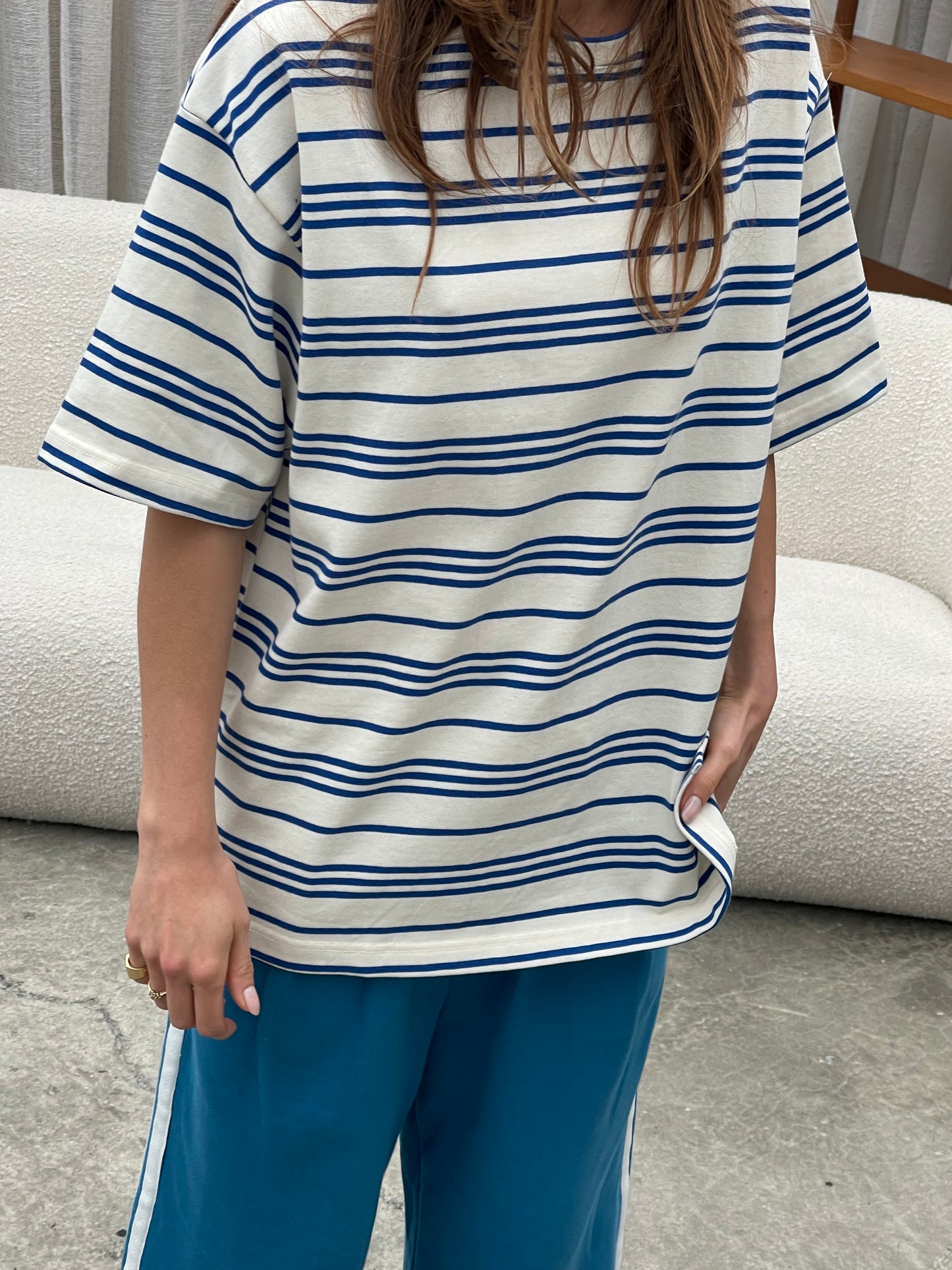 Oversized Striped Round Neck Tee Ivory