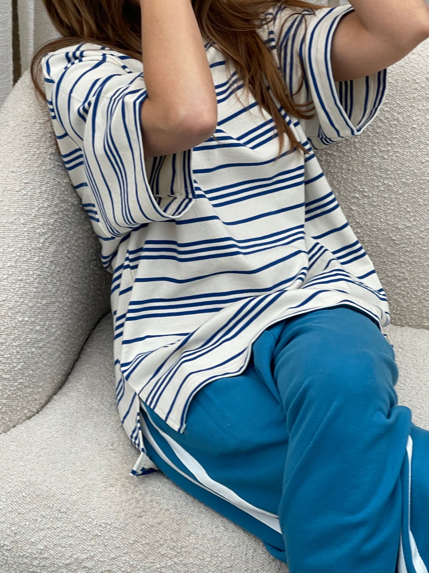 Oversized Striped Round Neck Tee Ivory