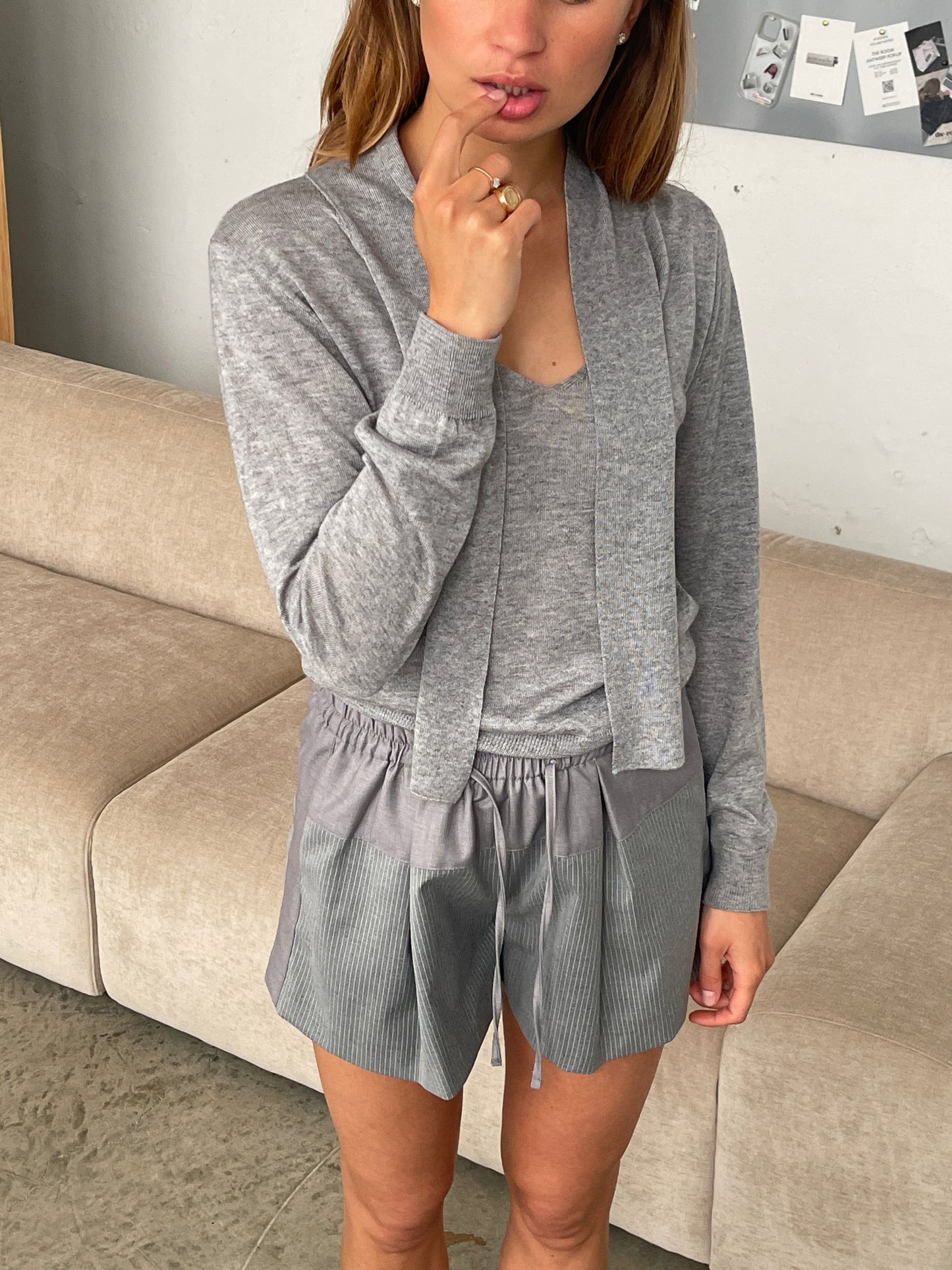 Scarf Detail Knitted Top Grey