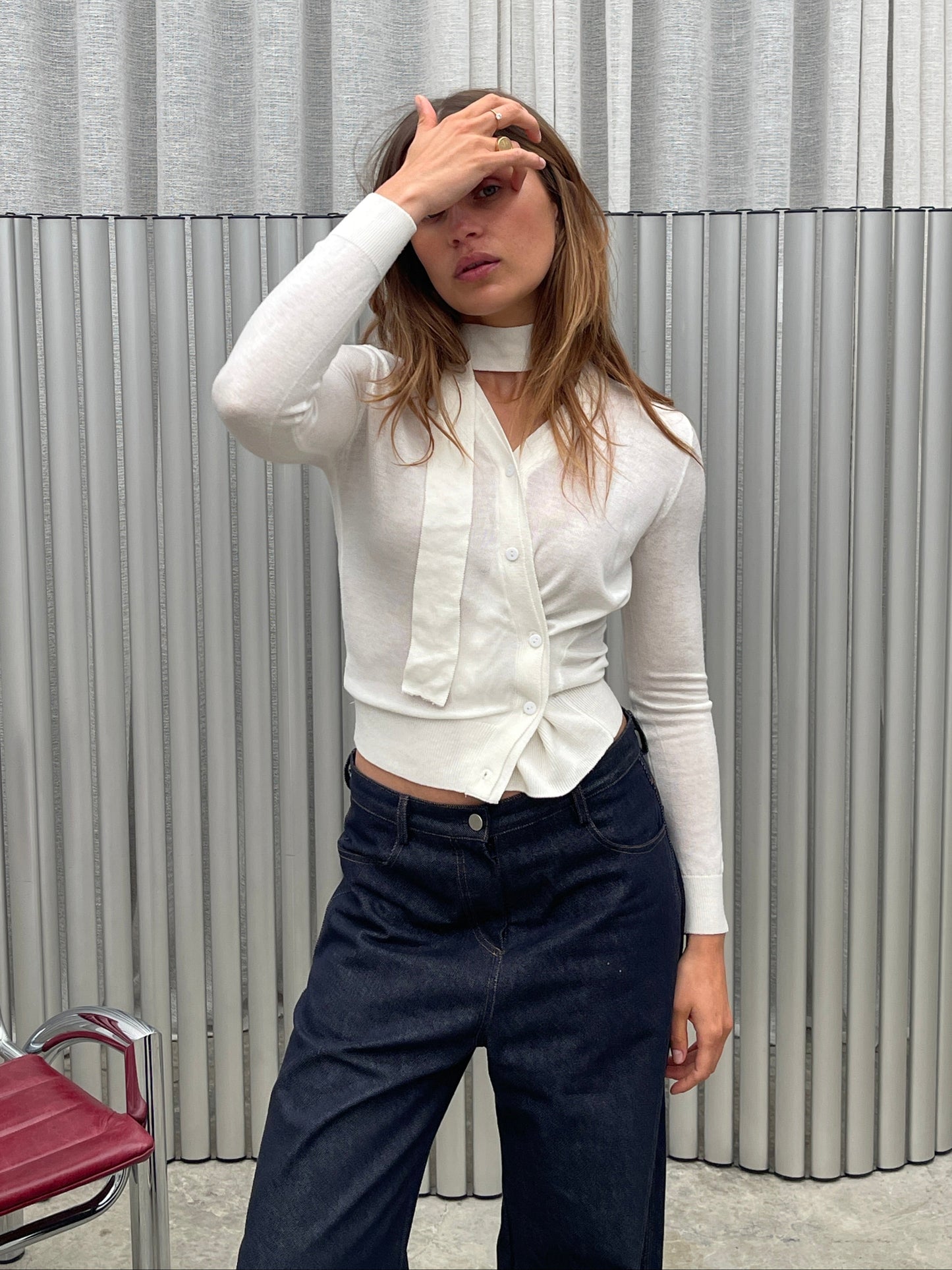 Semi Sheer Scarf Detail Cardigan White