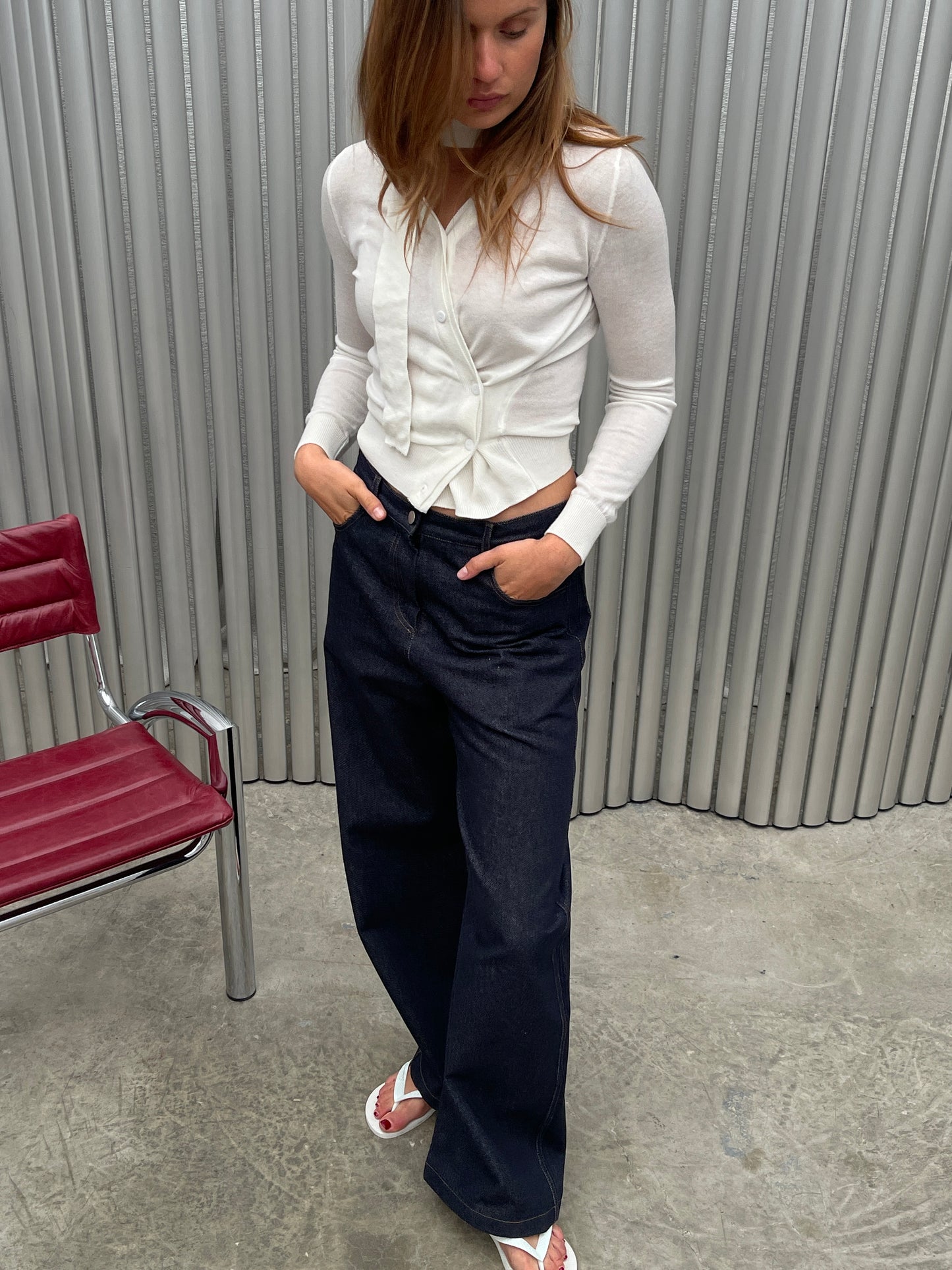 Semi Sheer Scarf Detail Cardigan White