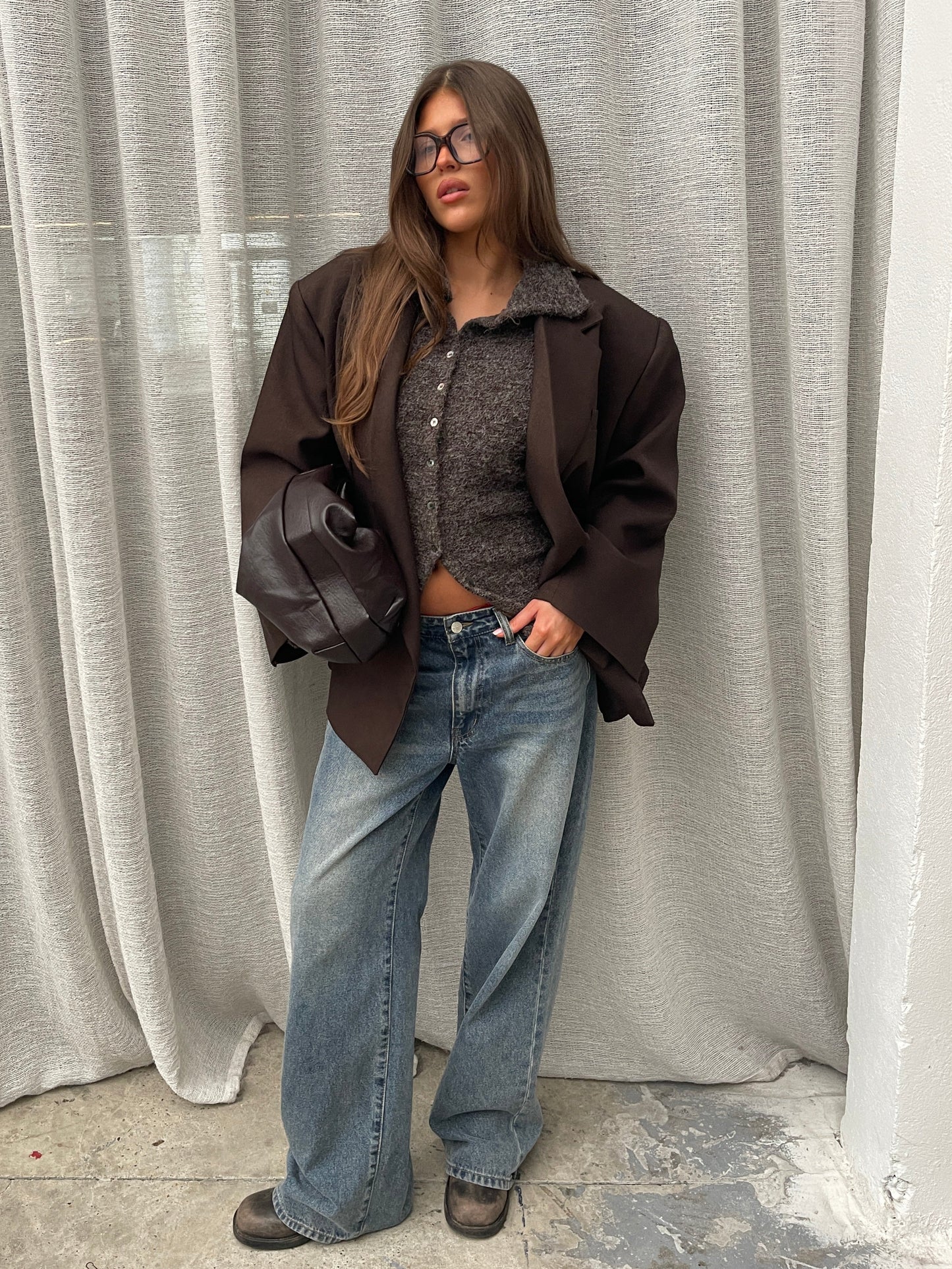 Oversized Side Slit Blazer Dark Brown
