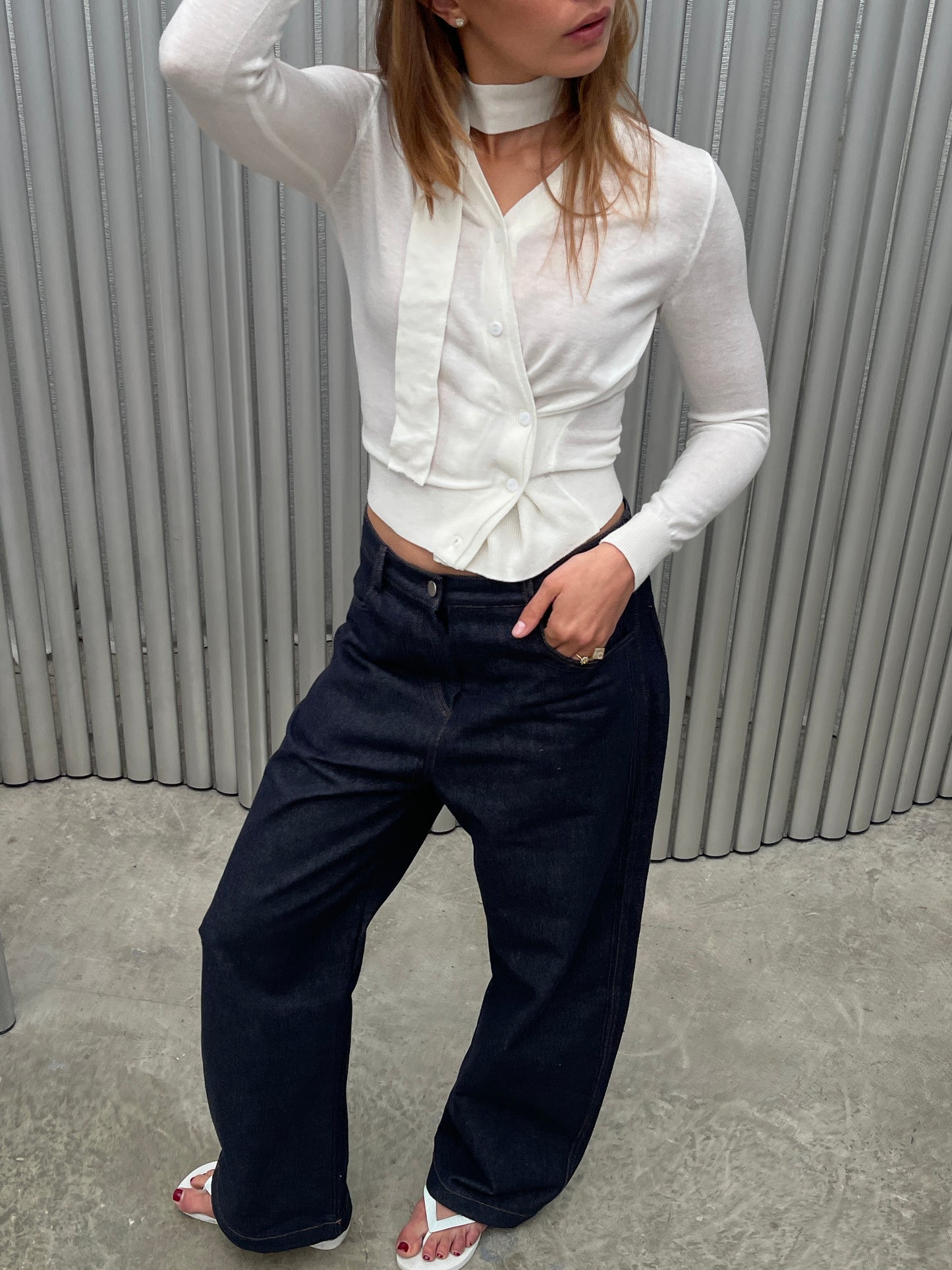 Semi Sheer Scarf Detail Cardigan White