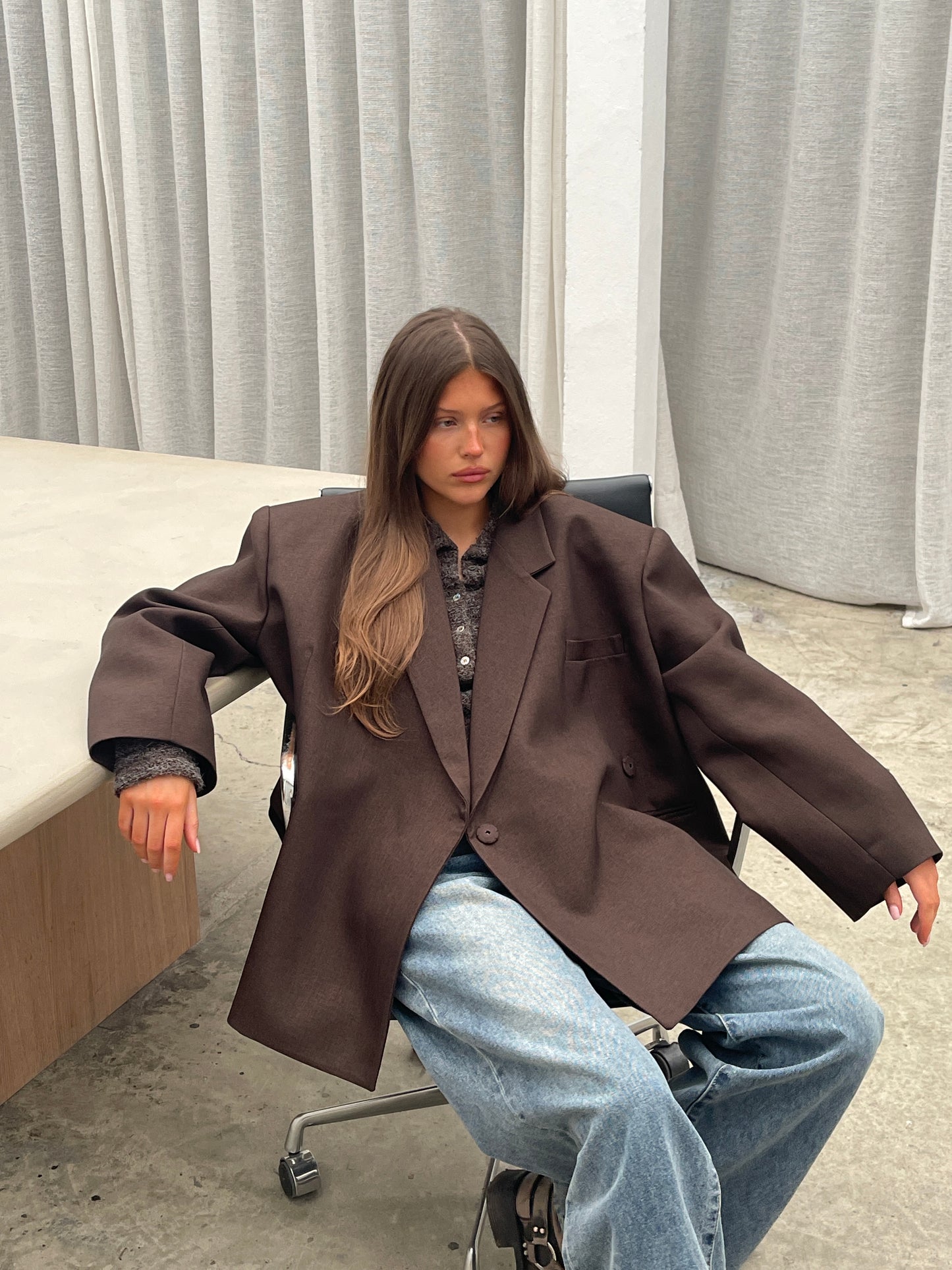 Oversized Side Slit Blazer Dark Brown