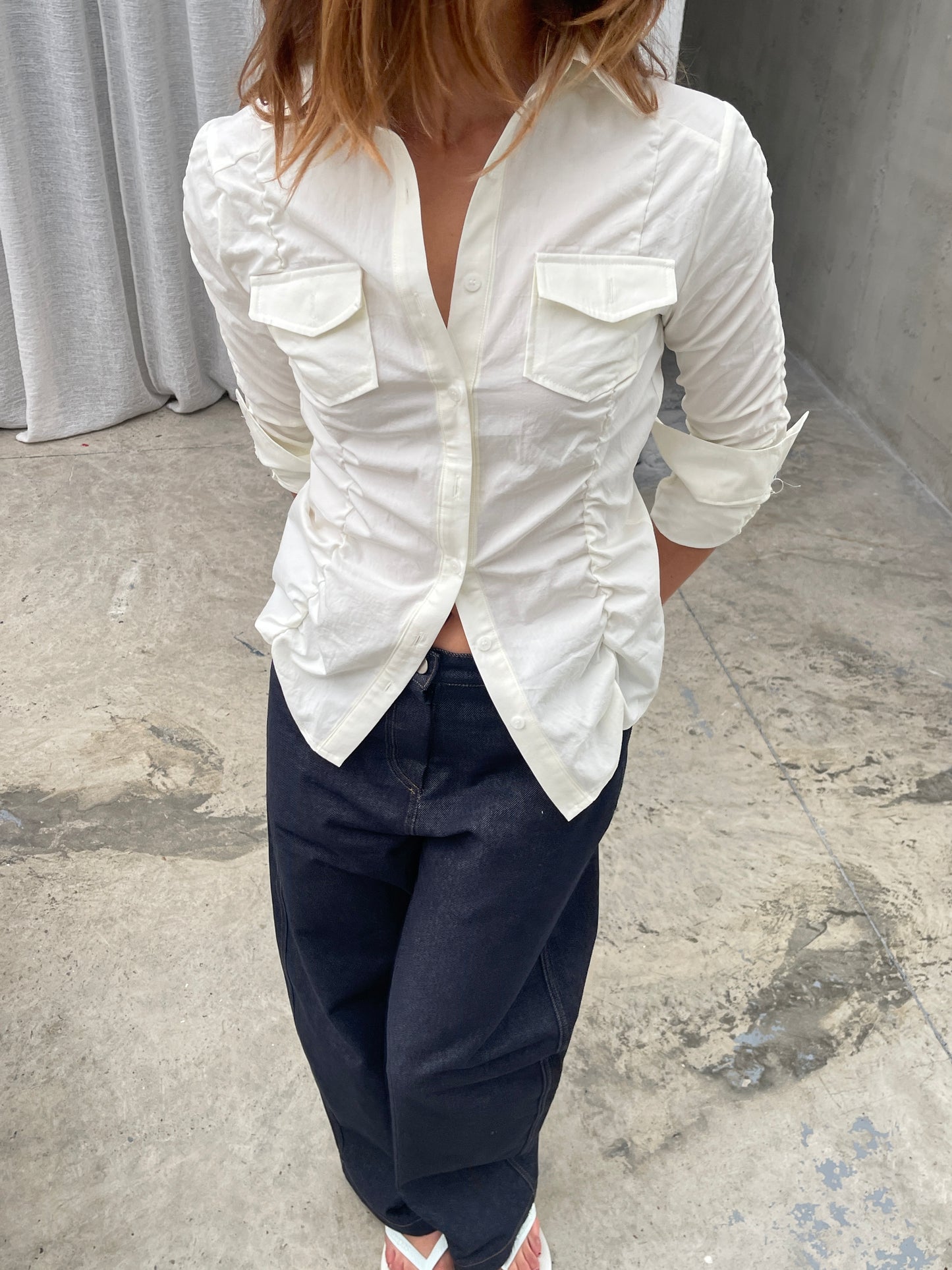Ruched Fitted Shirt Cream