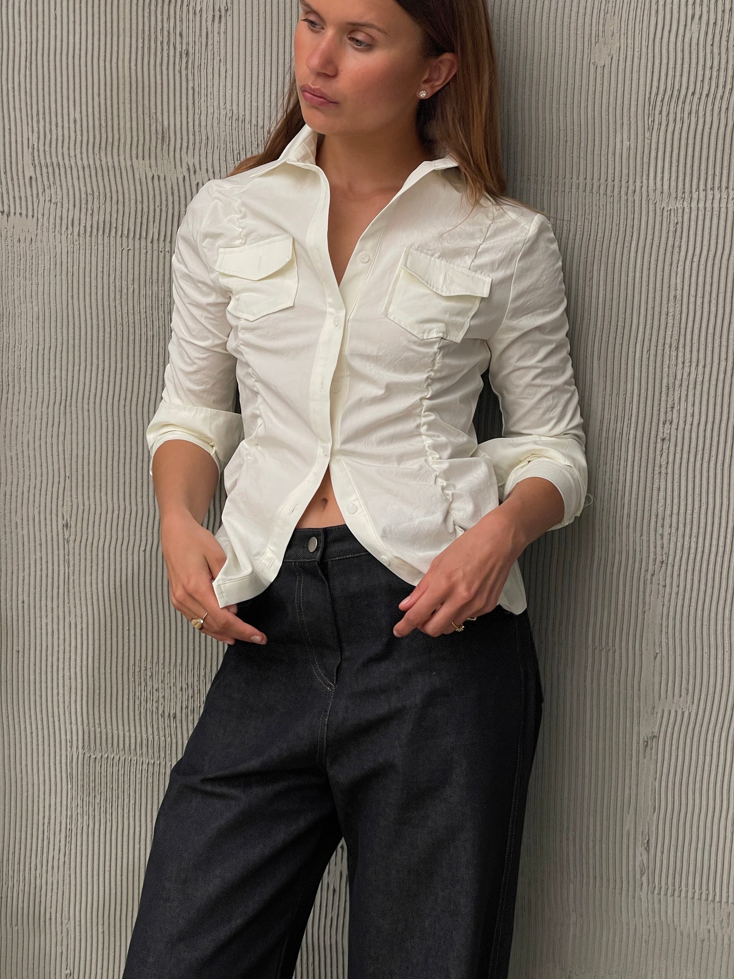 Ruched Fitted Shirt Cream
