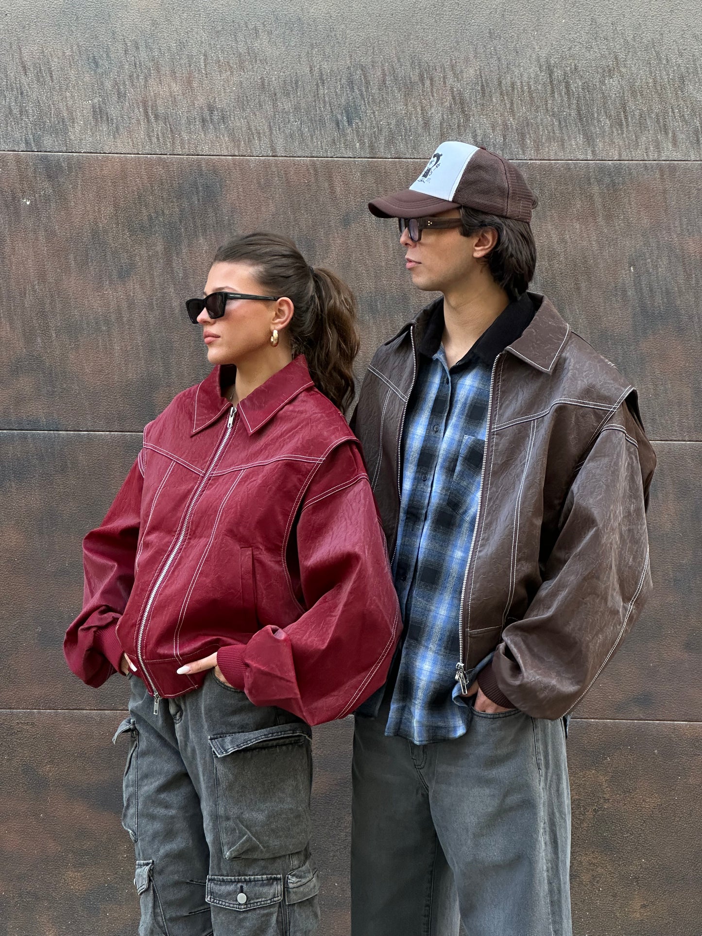 Oversized Contrast Stitch Jacket Brown