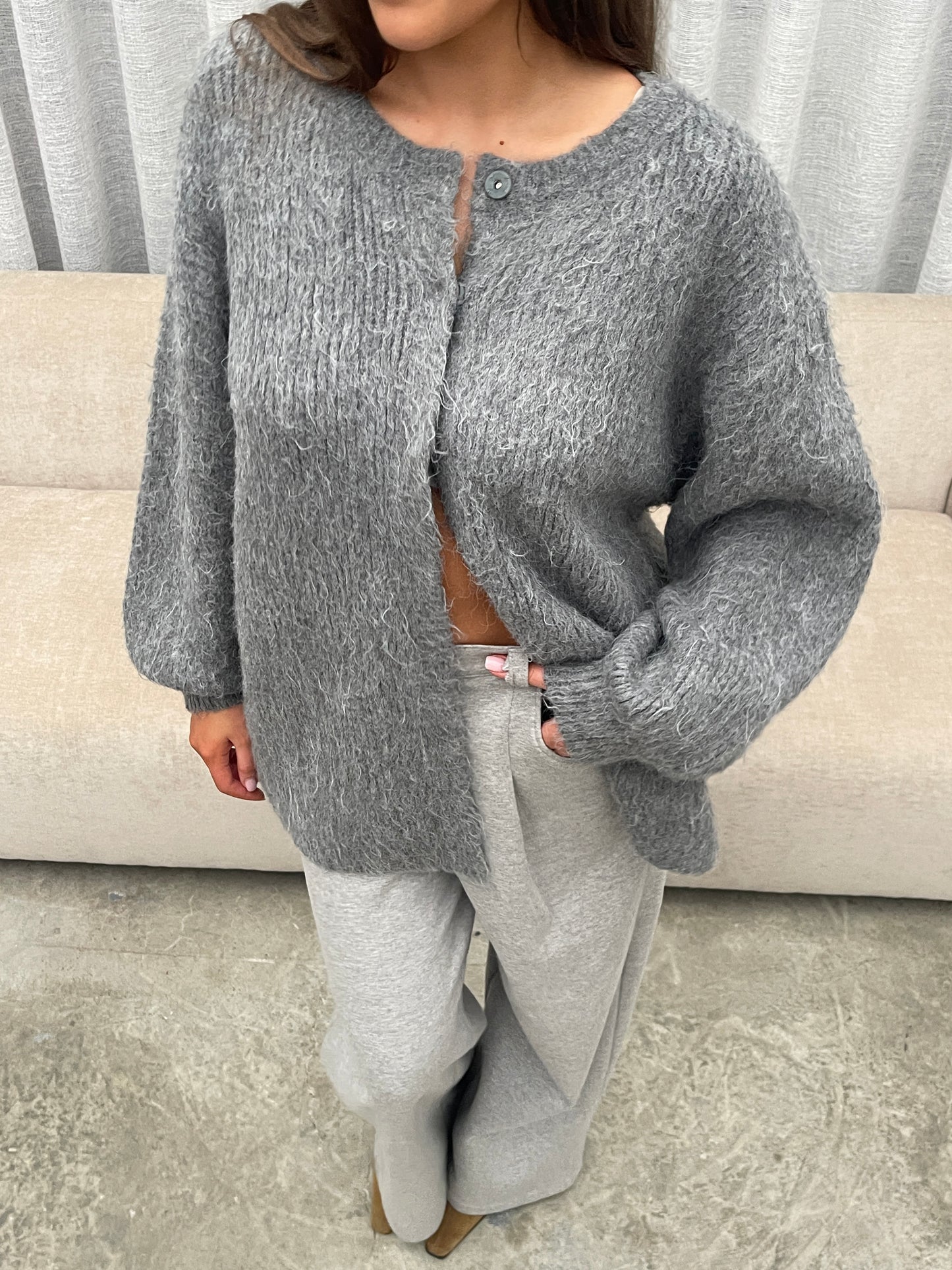 Oversized Press Button Fluffy Cardigan Grey