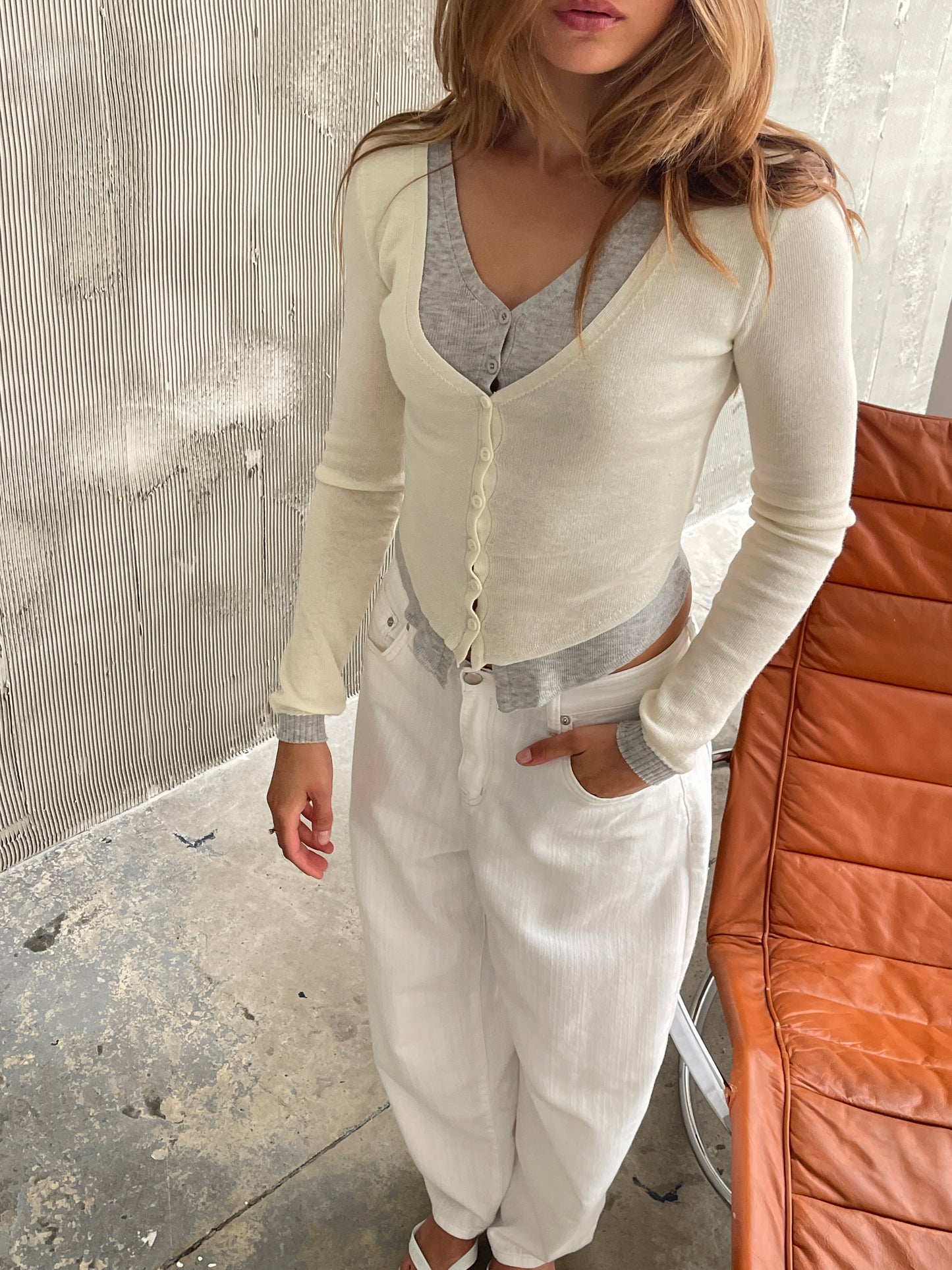 Double Layered Cardigan Grey Off White