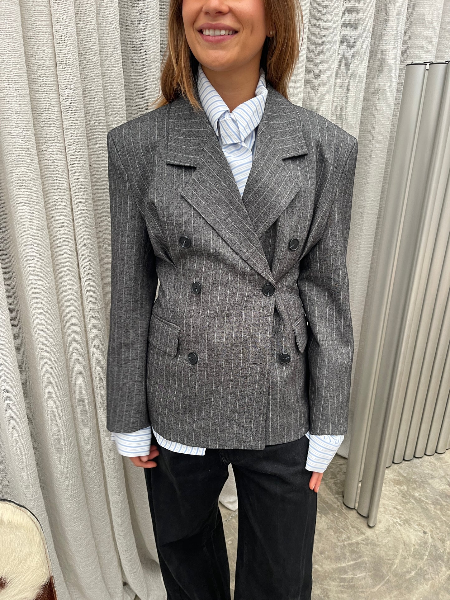 Pinstriped Cinched Blazer Grey Melange