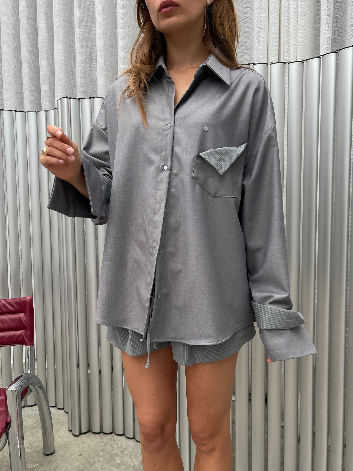 Oversized Front Pocket Detail Shirt Grey
