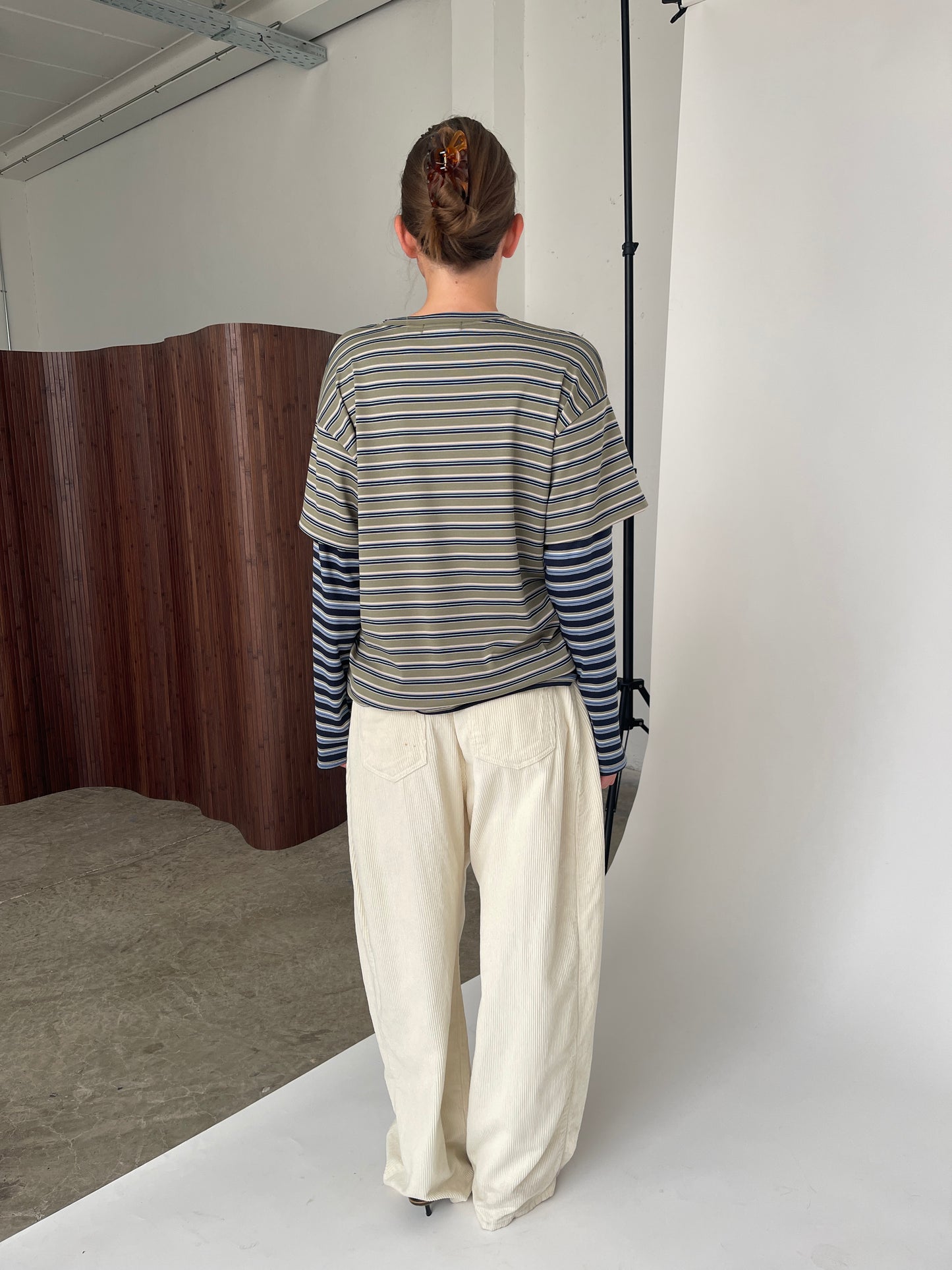Contrast Lightweight Striped Double Sleeve Tee Khaki