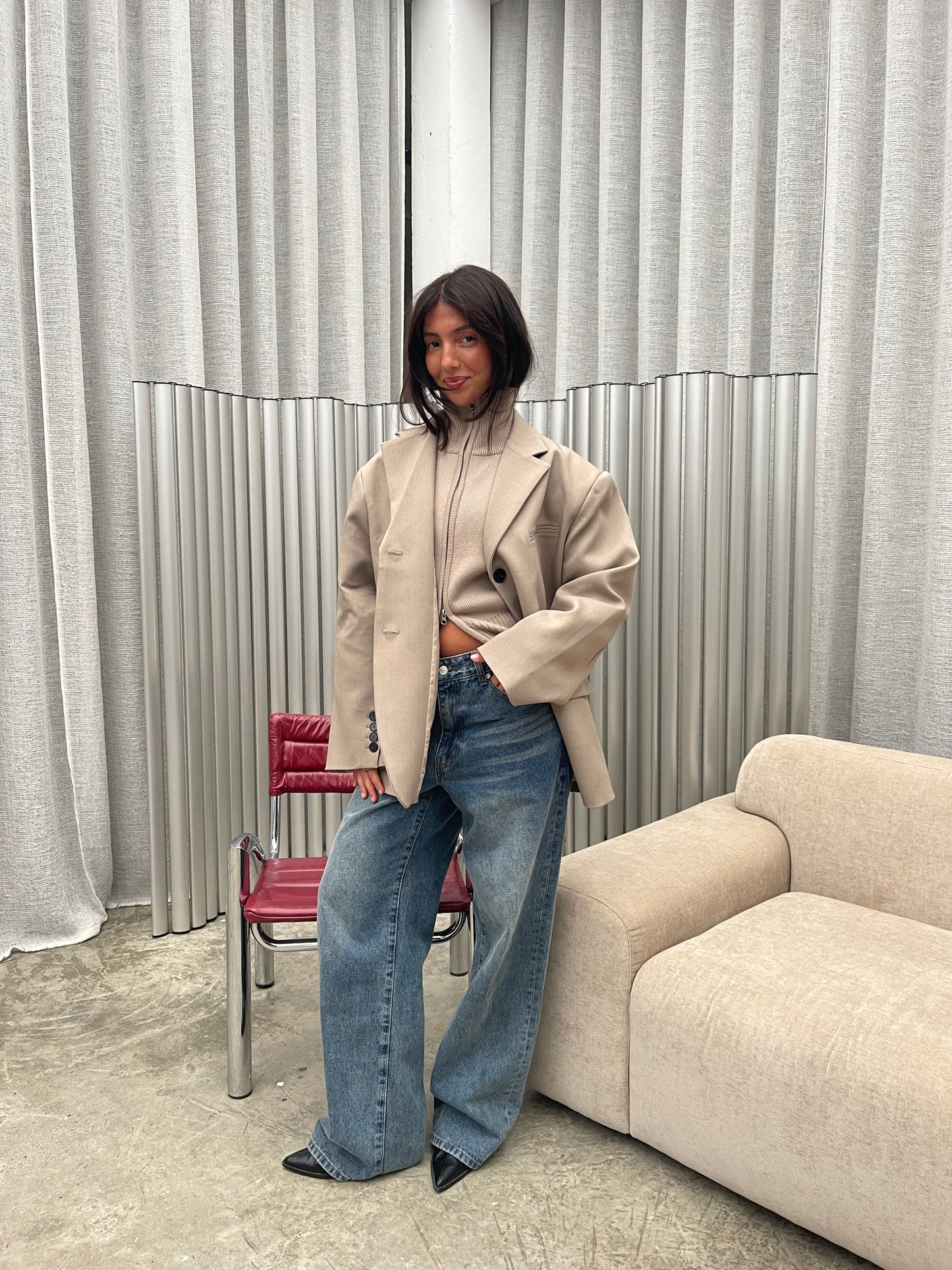 Two Way Zip Cardigan Beige