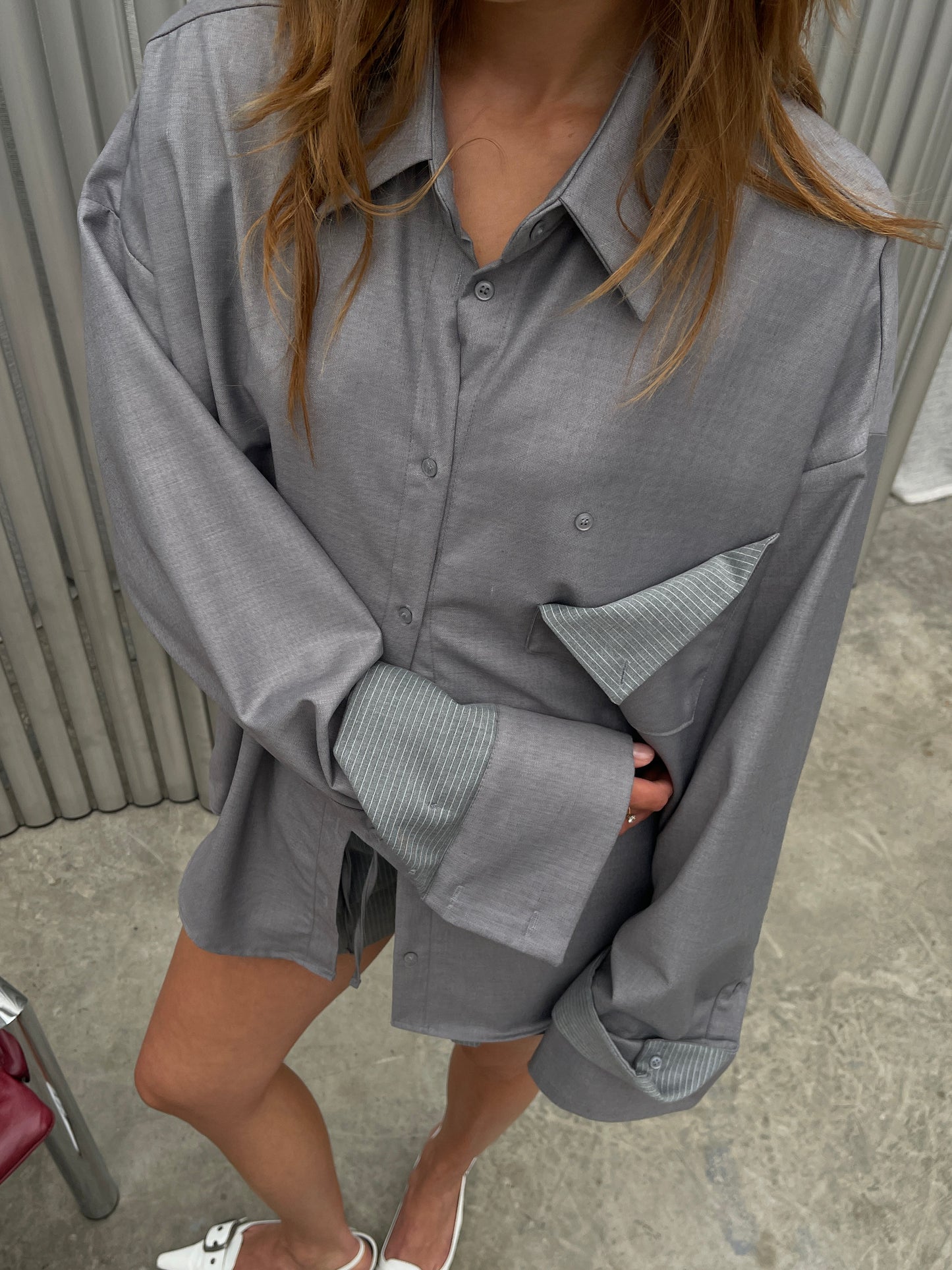 Oversized Front Pocket Detail Shirt Grey