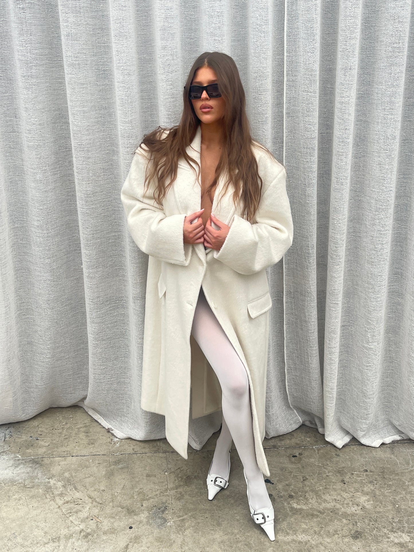 Oversized Brushed Wool Maxi Coat Off White