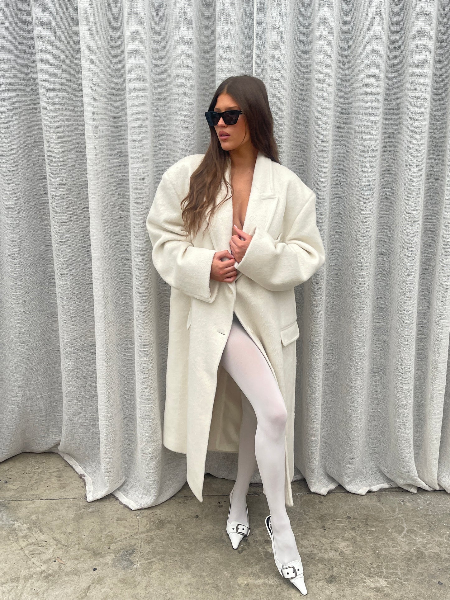 Oversized Brushed Wool Maxi Coat Off White