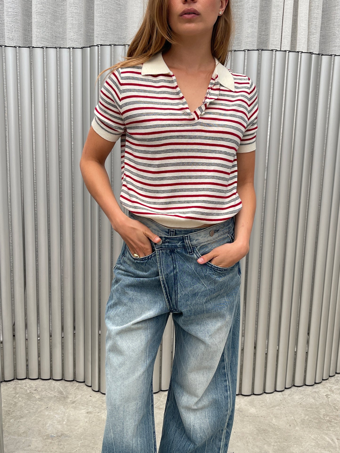 Short Sleeved Striped Knitted Polo Top Ivory