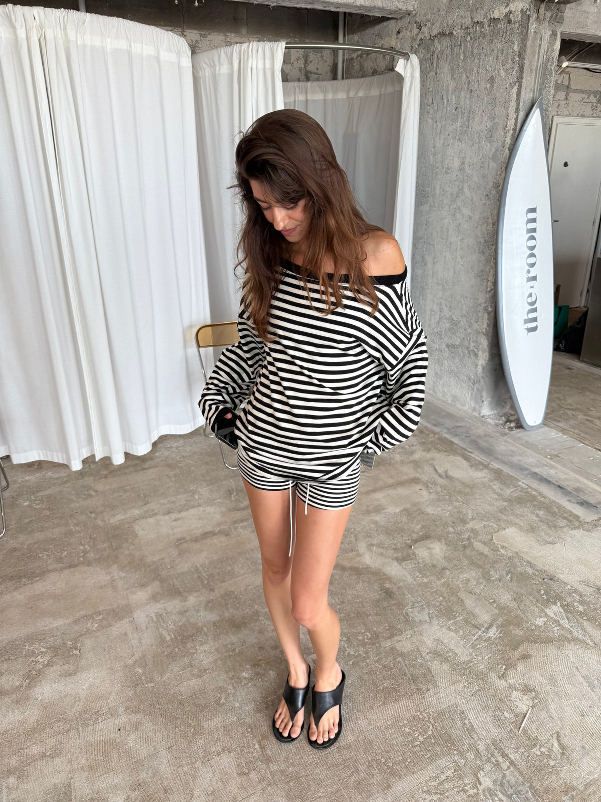 Striped Off Shoulder Long Sleeve Tee Black and White