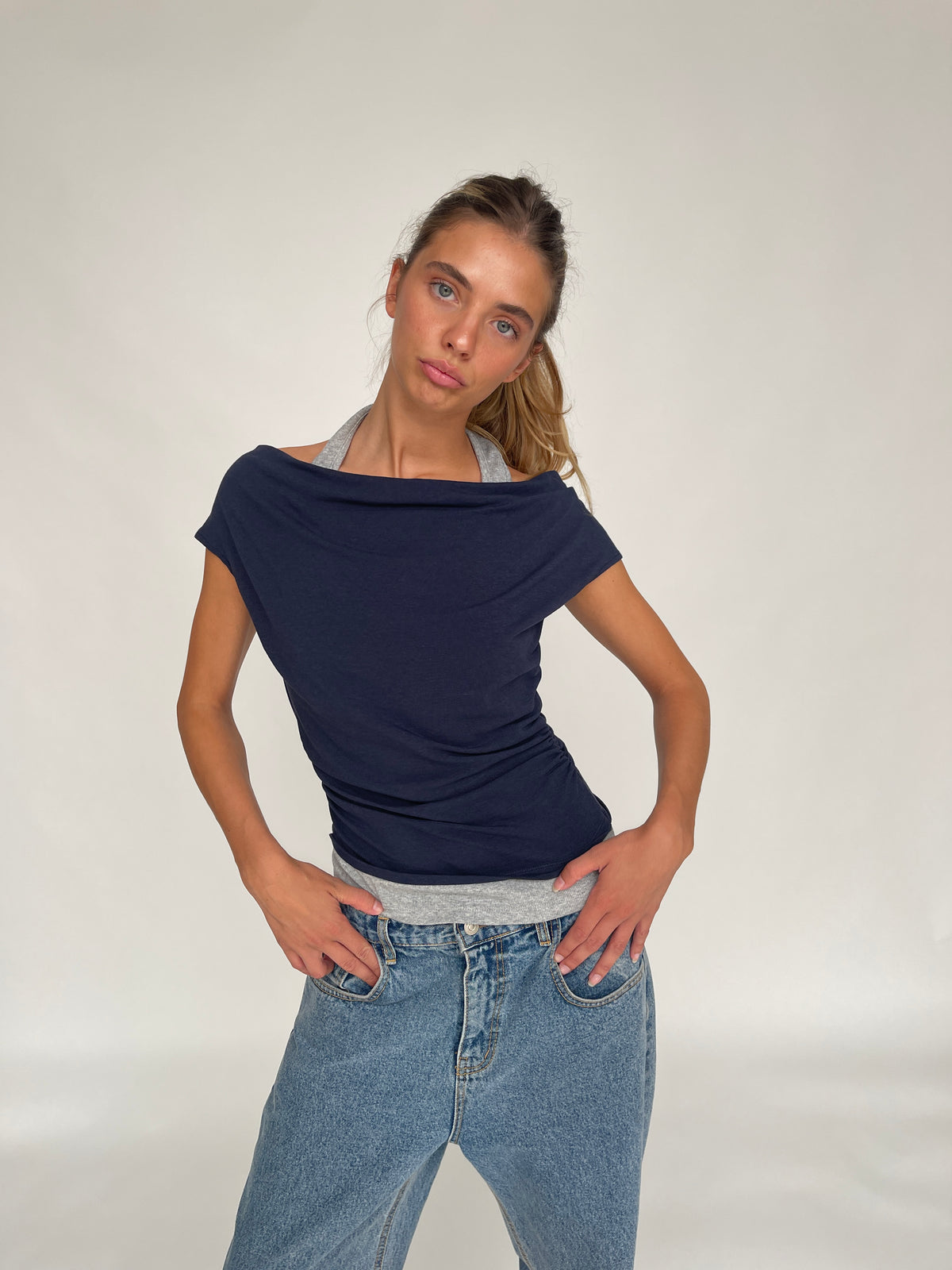 Double Layered Halter Neck Tee Navy
