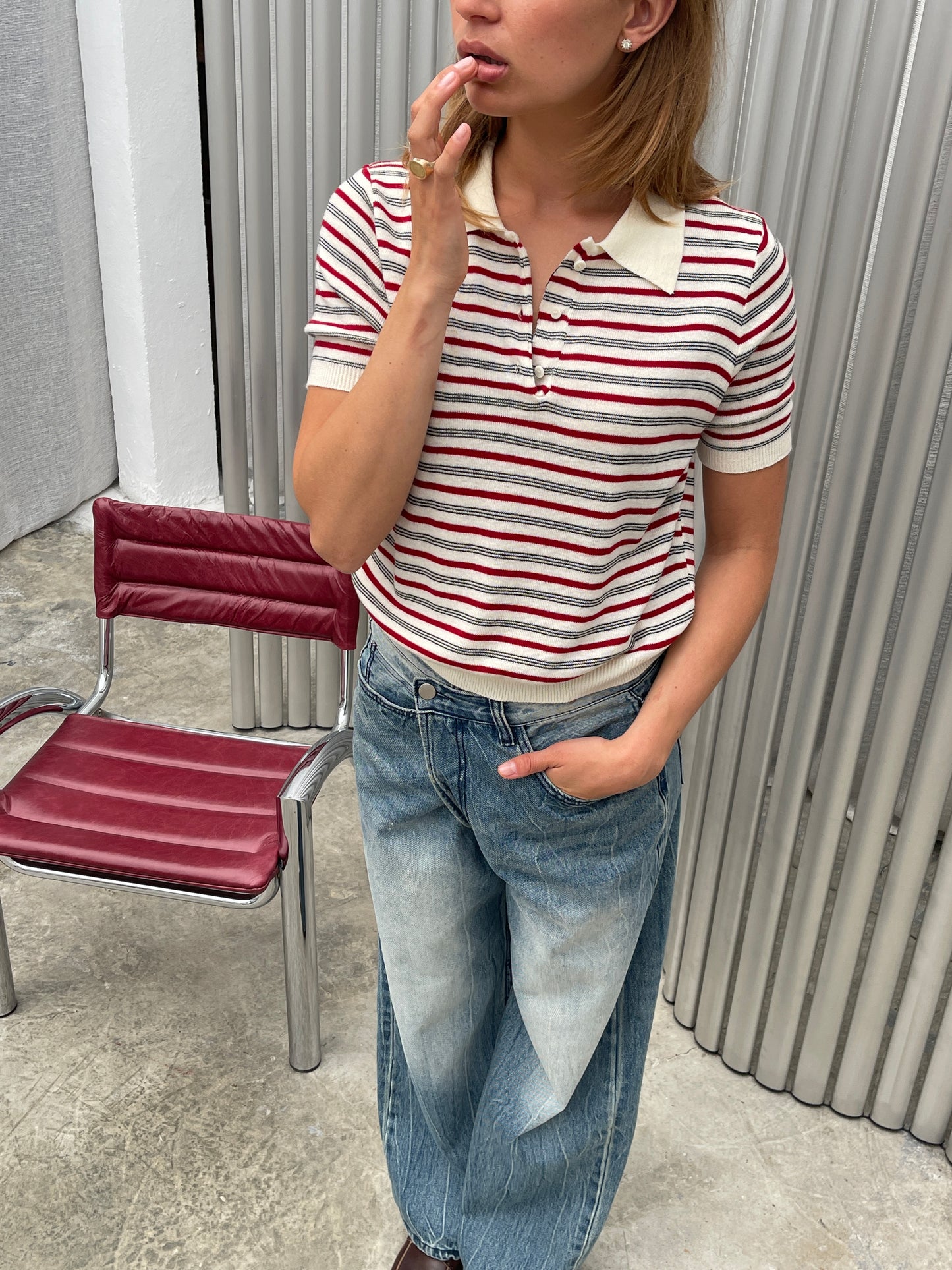 Short Sleeved Striped Knitted Polo Top Ivory