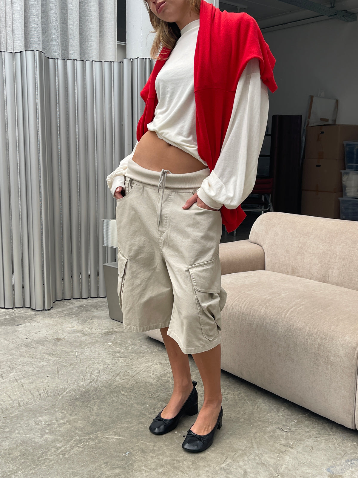 Baggy Fold Over Cargo Shorts Sand