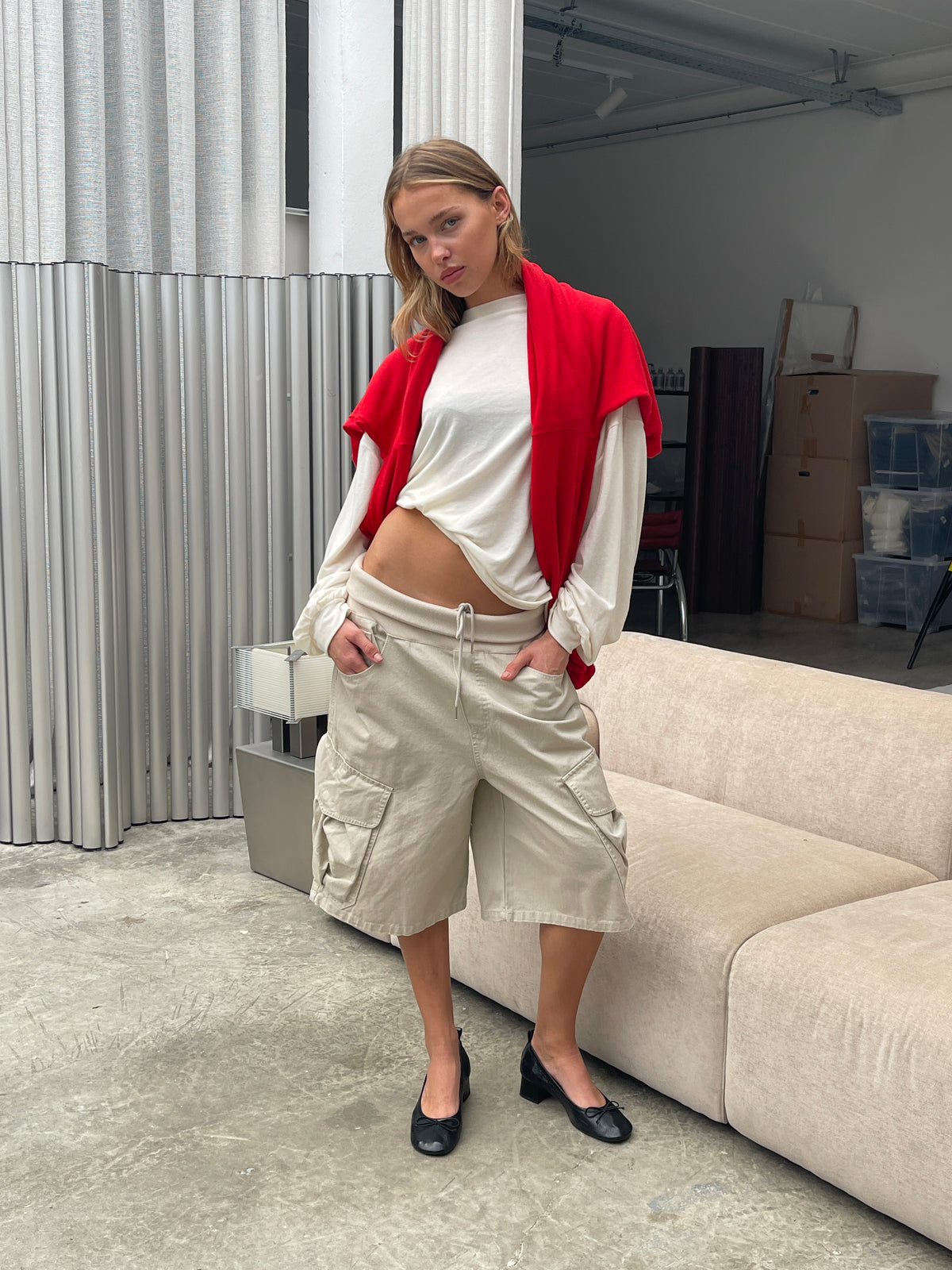 Baggy Fold Over Cargo Shorts Sand