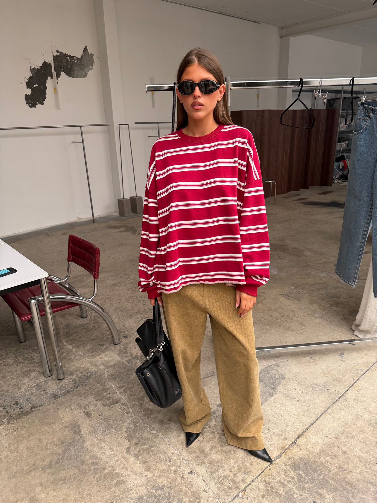 Ruffled Oversized Striped Sweatshirt Cherry Red