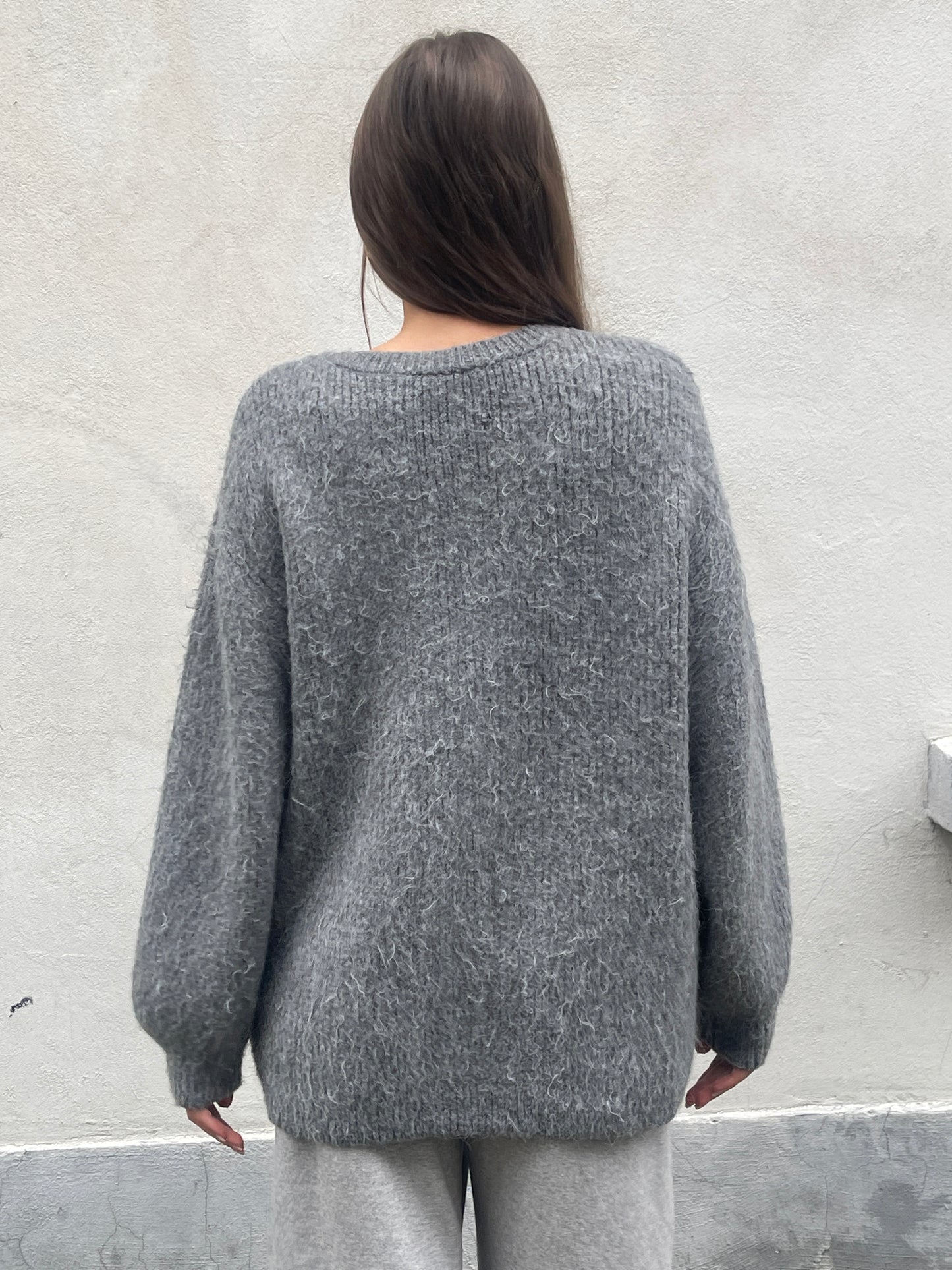 Oversized Press Button Fluffy Cardigan Grey