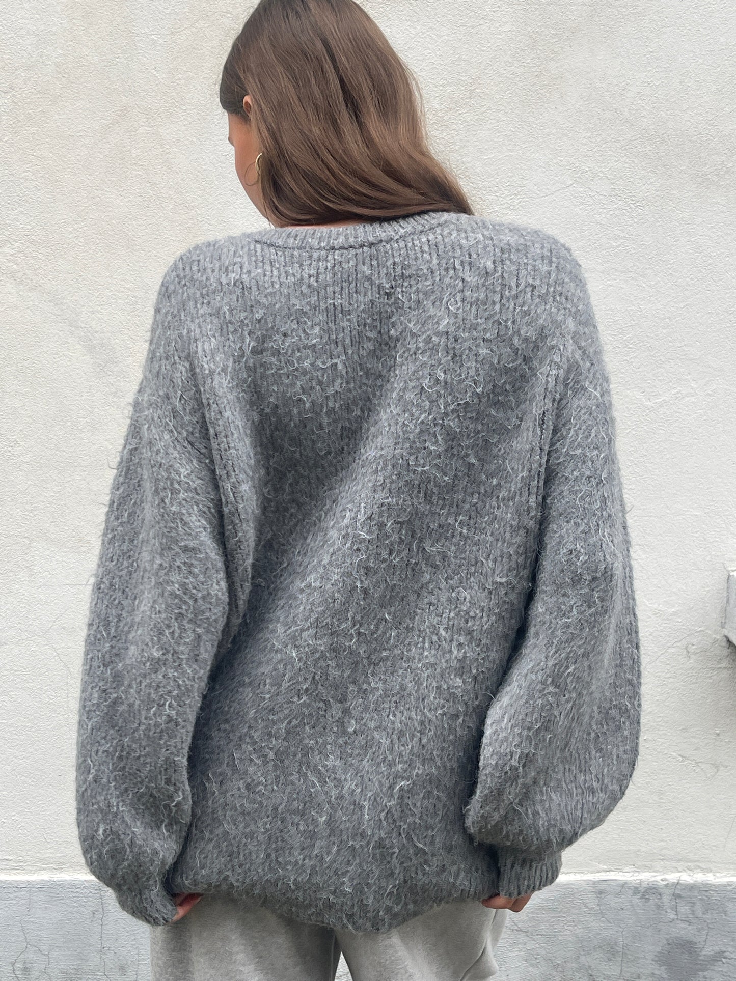 Oversized Press Button Fluffy Cardigan Grey