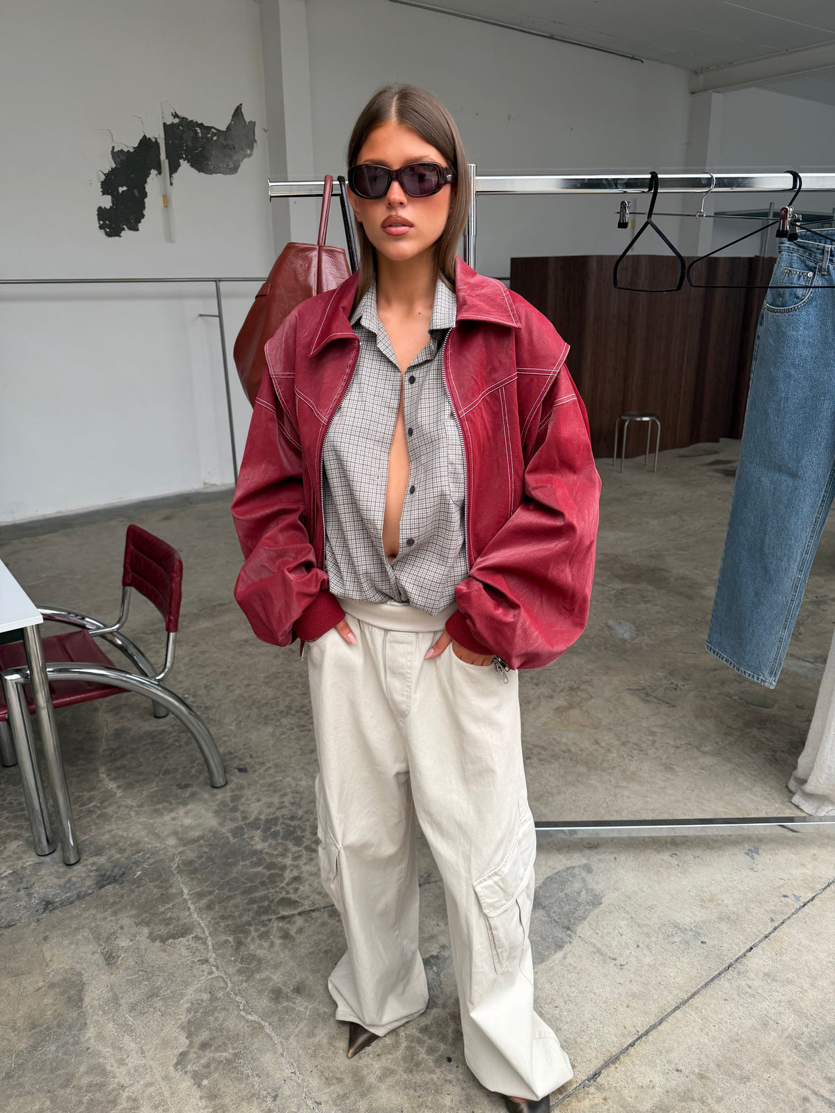 Oversized Contrast Stitch Jacket Red