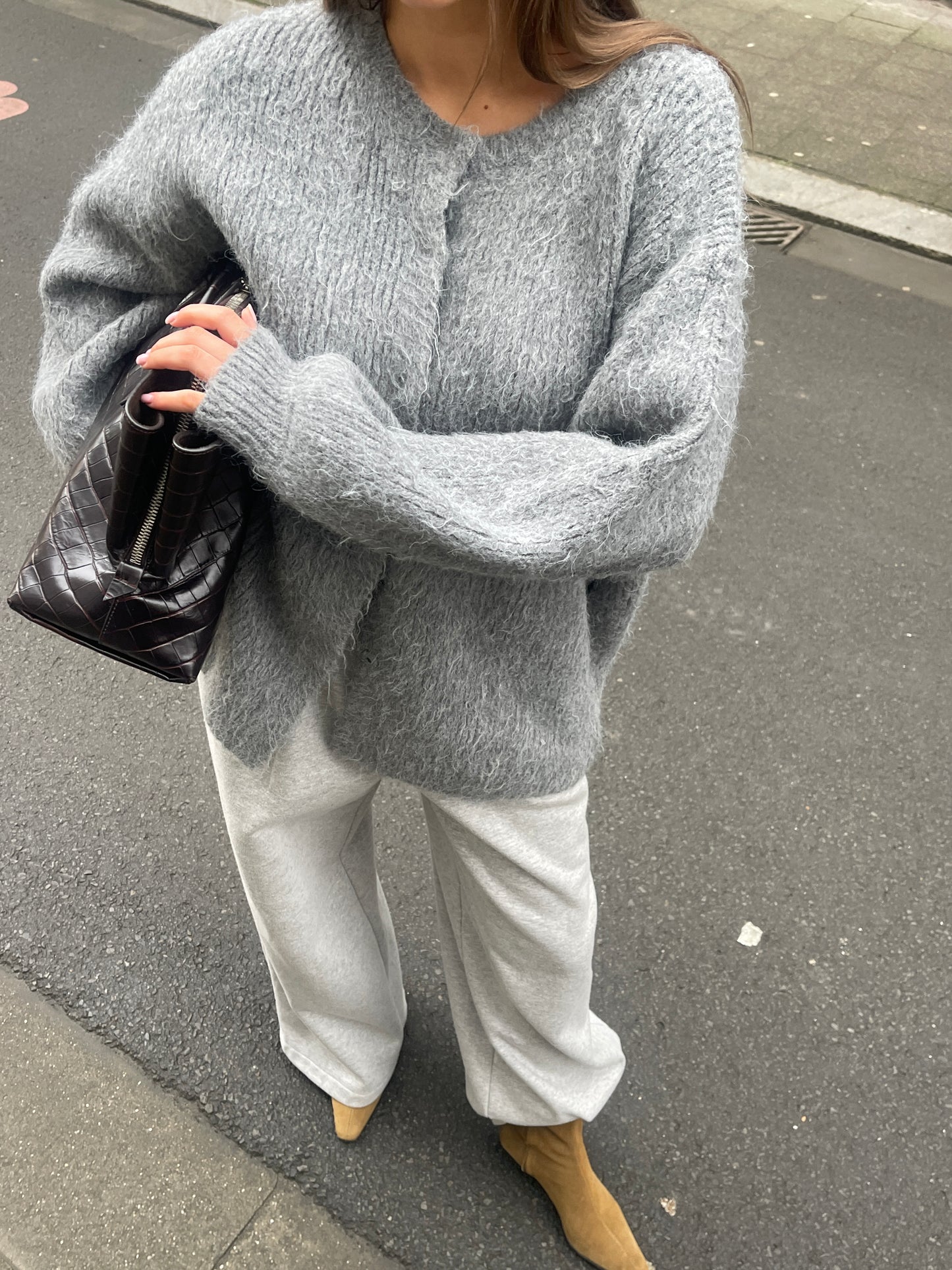 Oversized Press Button Fluffy Cardigan Grey