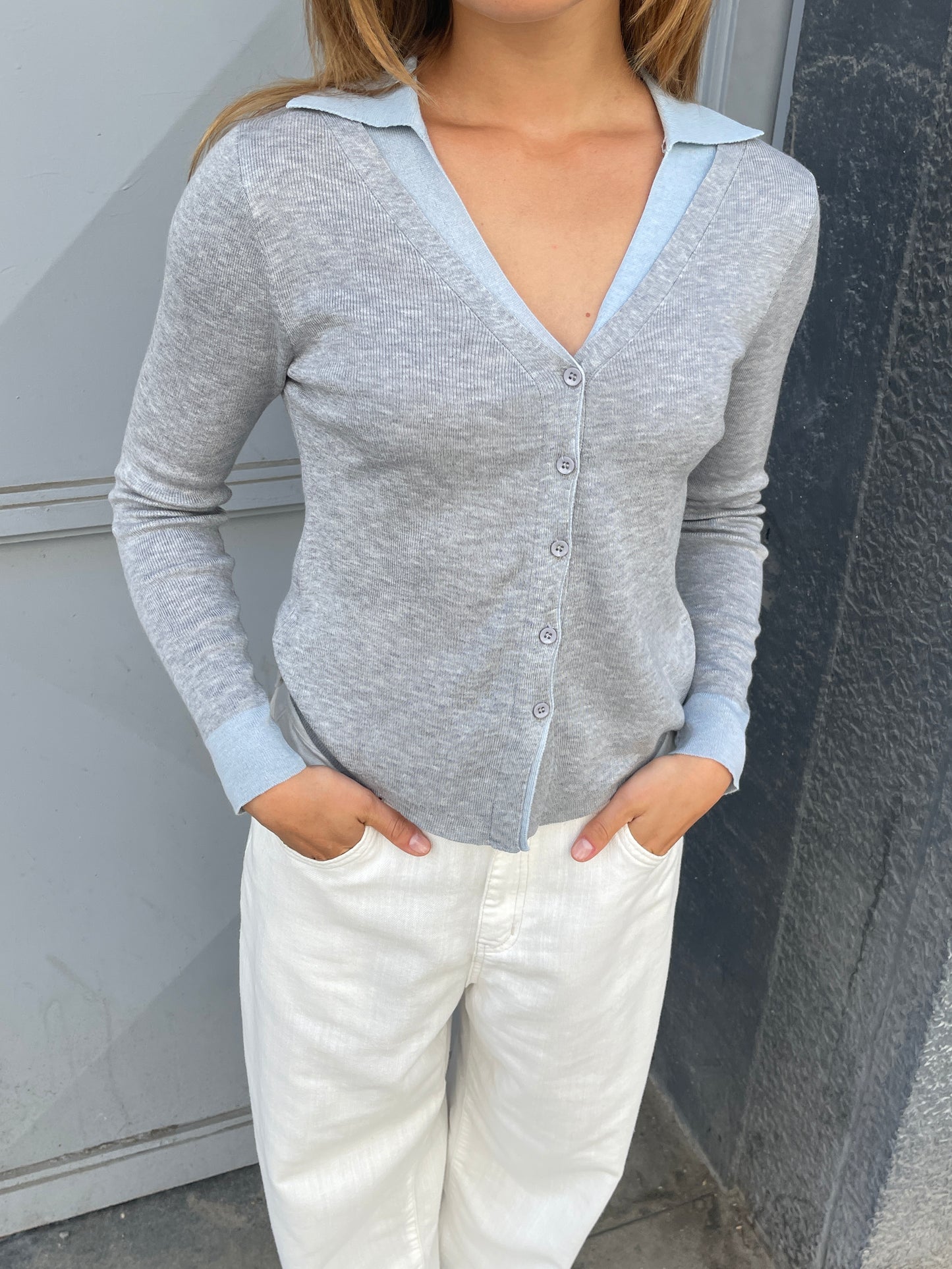 Layered Collar Cardigan Grey Baby Blue