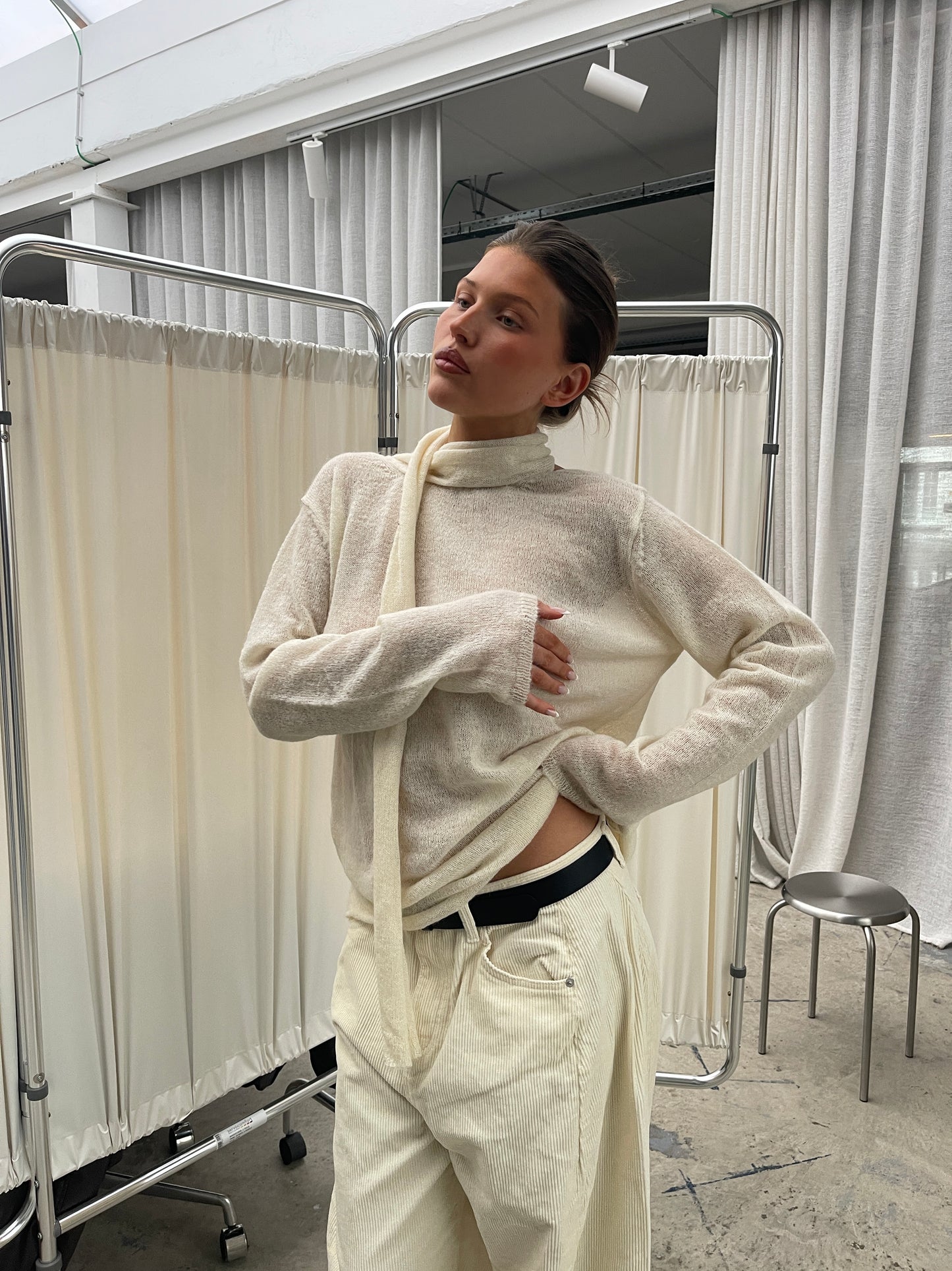 Scarf Detail Loose Knit Cream