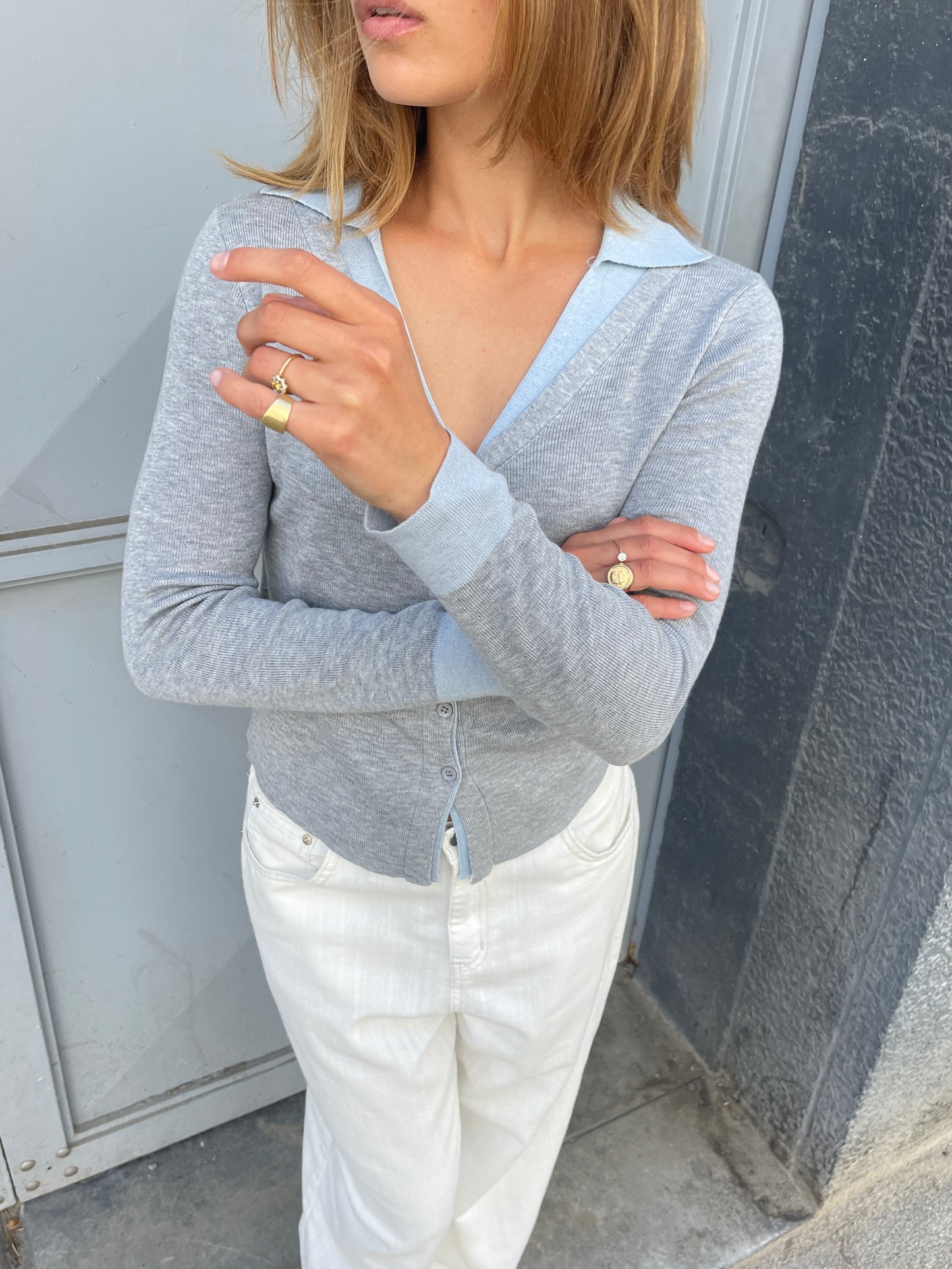Layered Collar Cardigan Grey Baby Blue