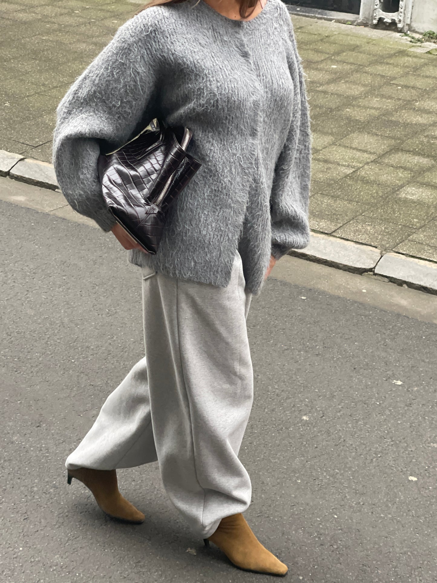 Oversized Press Button Fluffy Cardigan Grey