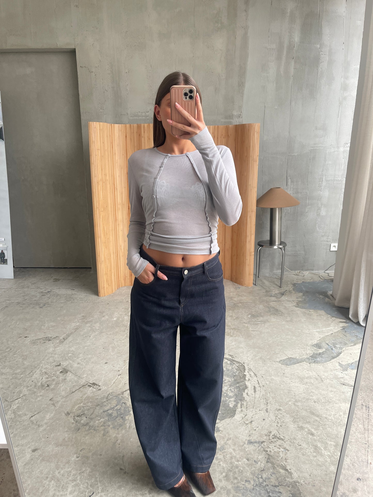 Sheer Button Detail Longsleeve Grey