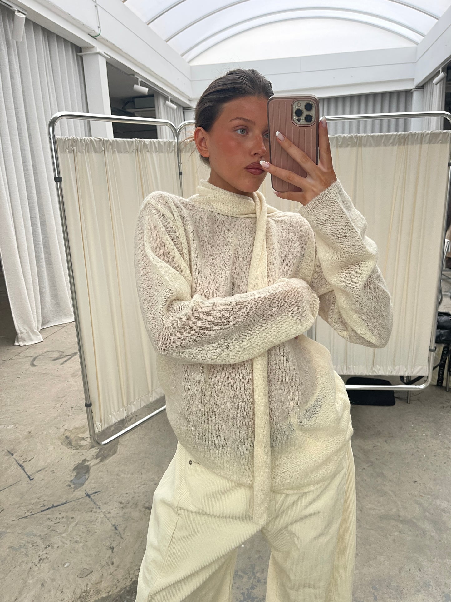 Scarf Detail Loose Knit Cream