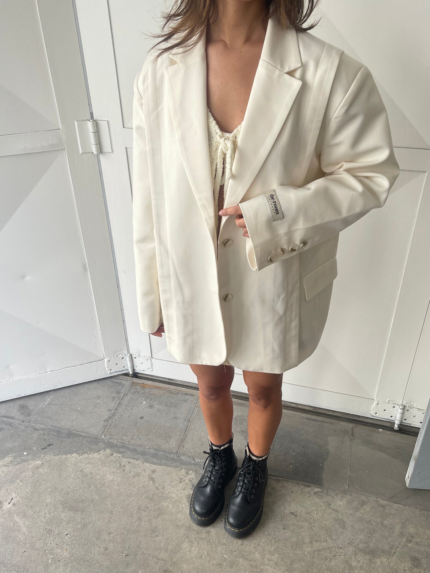 Pleated Shoulder Oversized Blazer Ivory