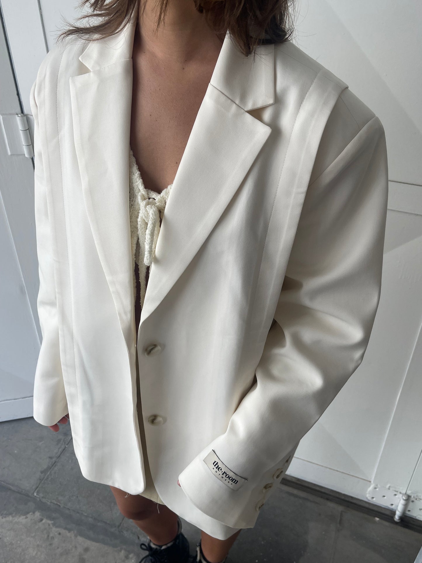 Pleated Shoulder Oversized Blazer Ivory