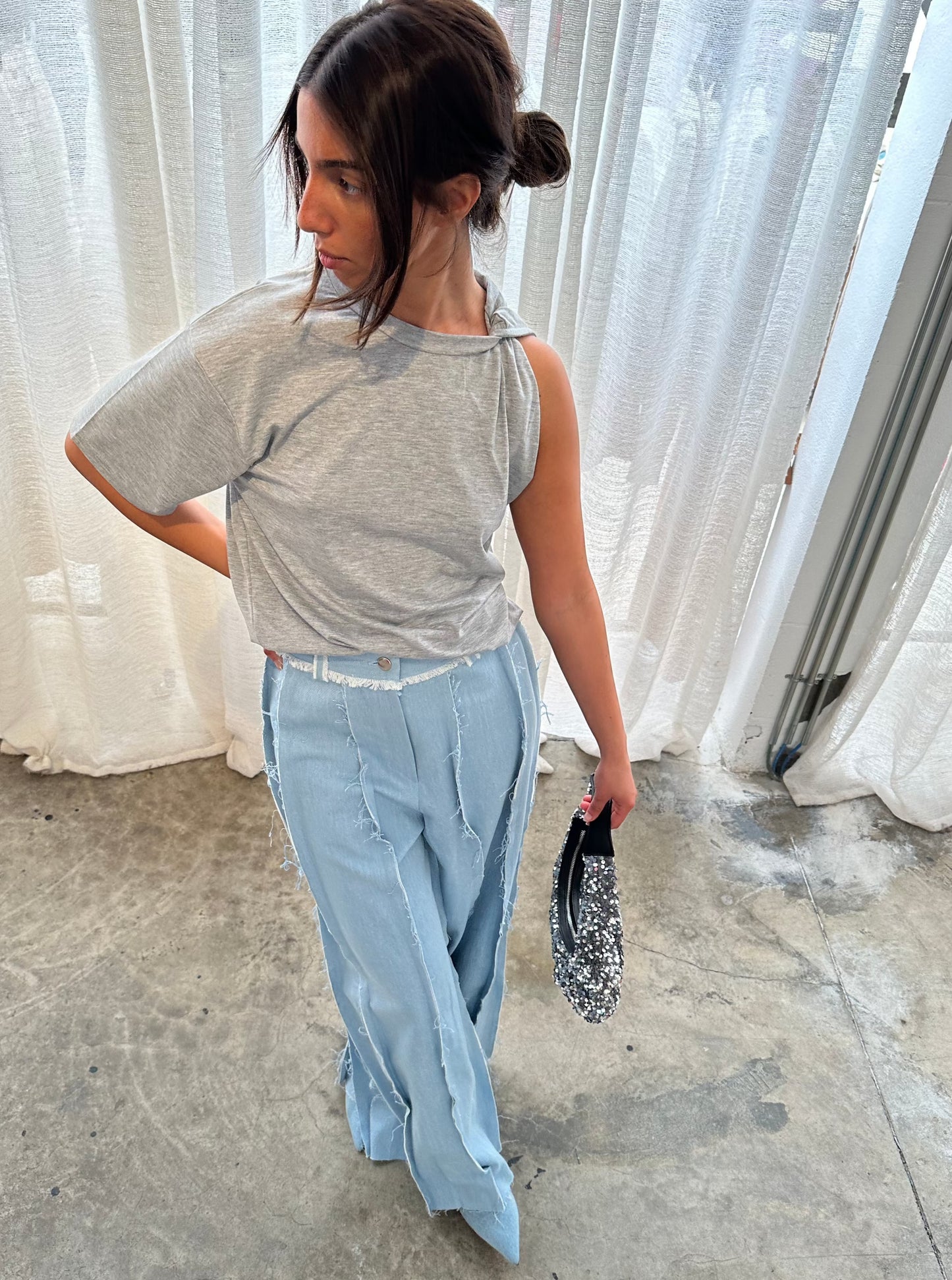 Asymmetric One Sleeve Top Grey