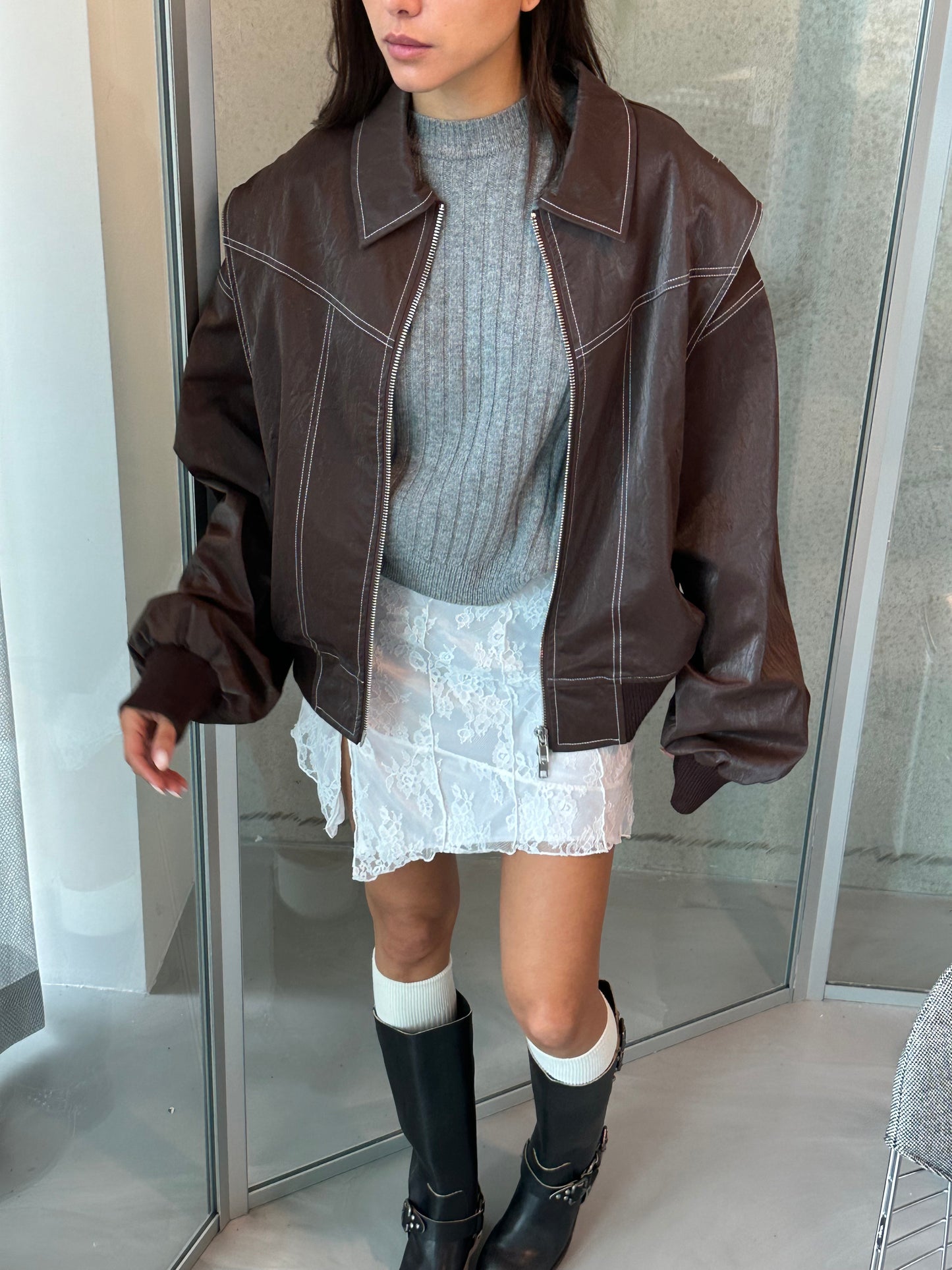 Oversized Contrast Stitch Jacket Brown