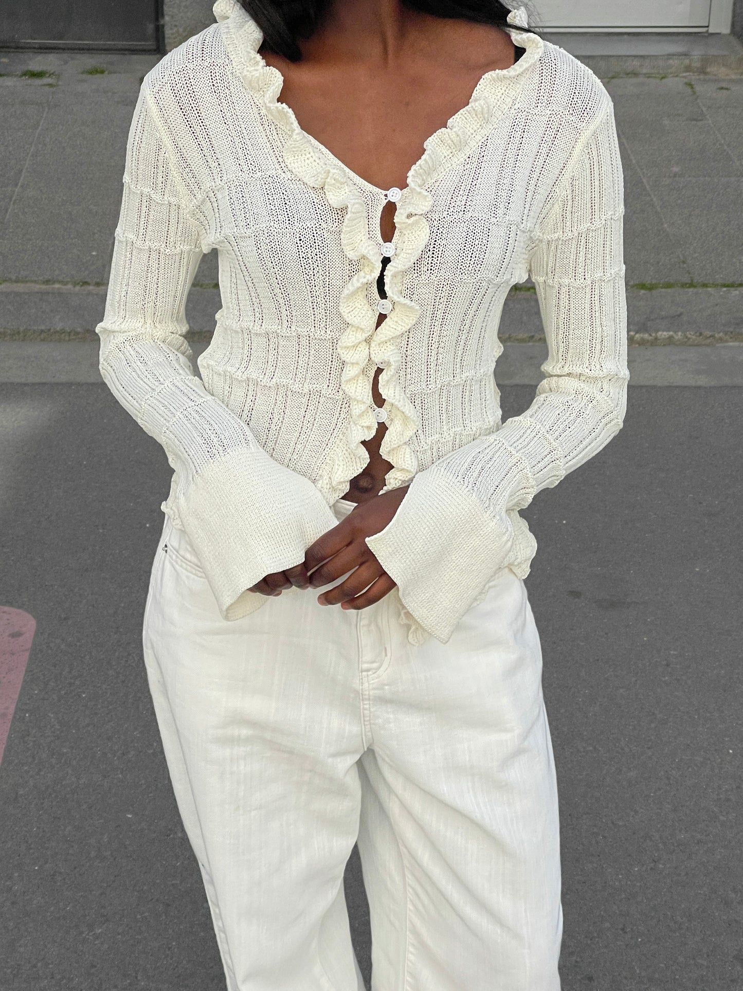 Ruffled Crochet Cardigan Ivory